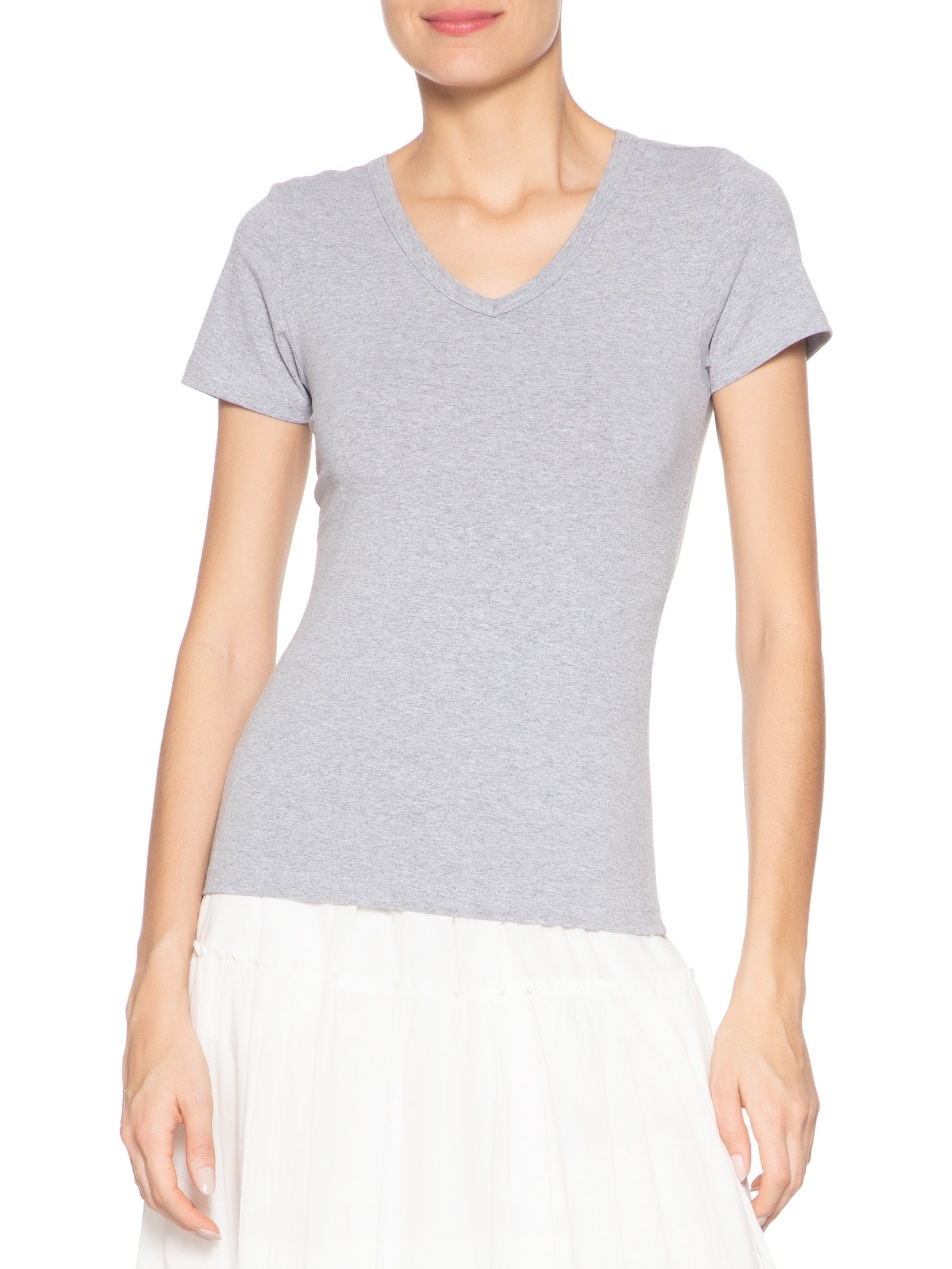 Camiseta Feminina Básica Decote Em V Cinza Basiq