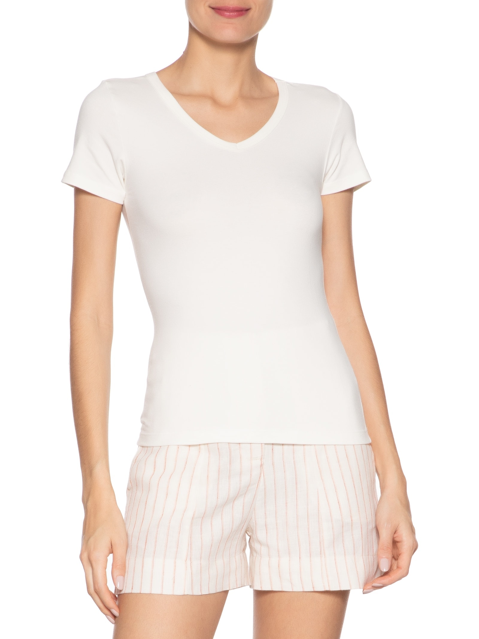 Camiseta Feminina Básica Decote Em V Off White Basiq