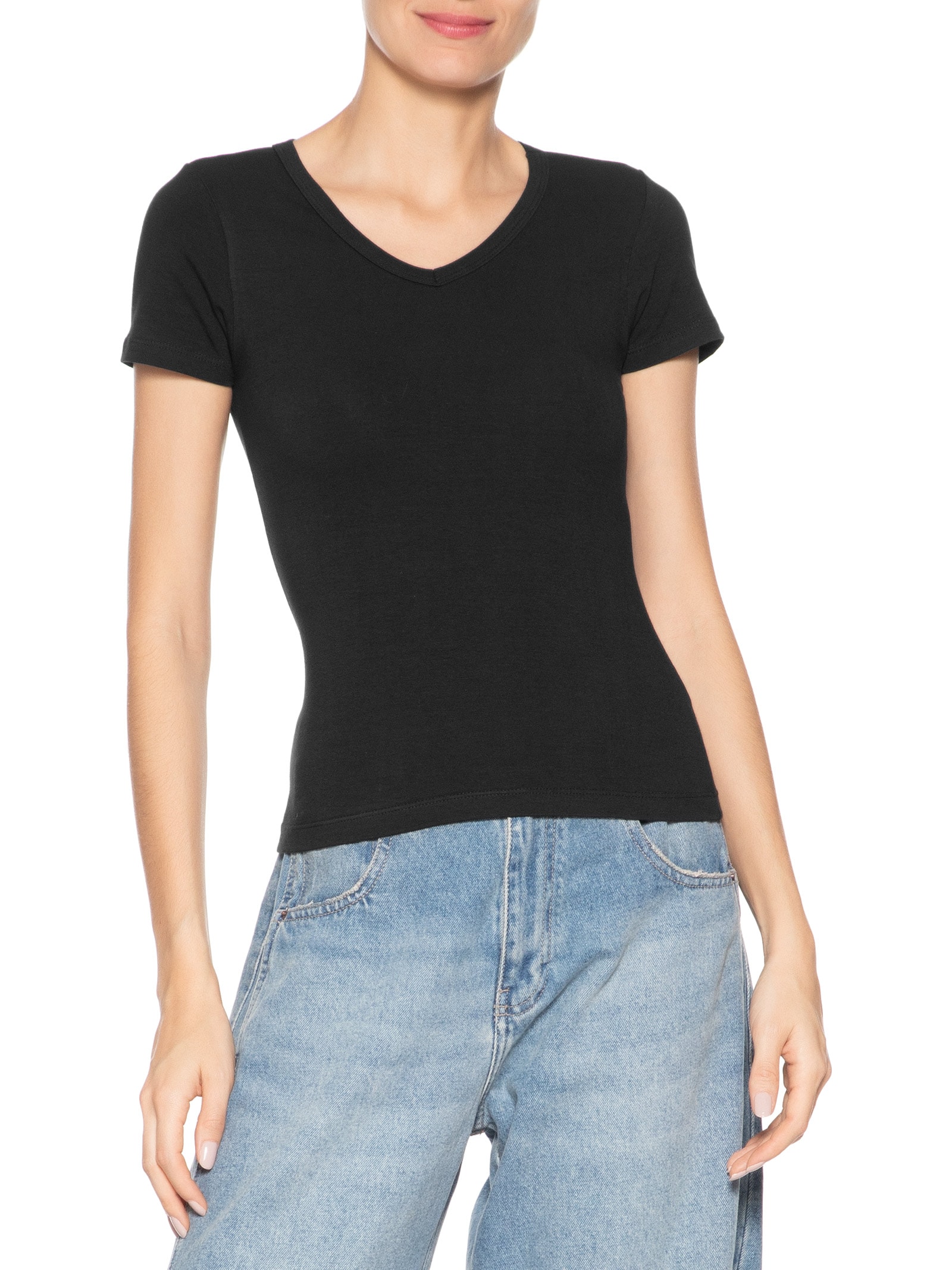 Camiseta Feminina Básica Decote Em V Preto Basiq