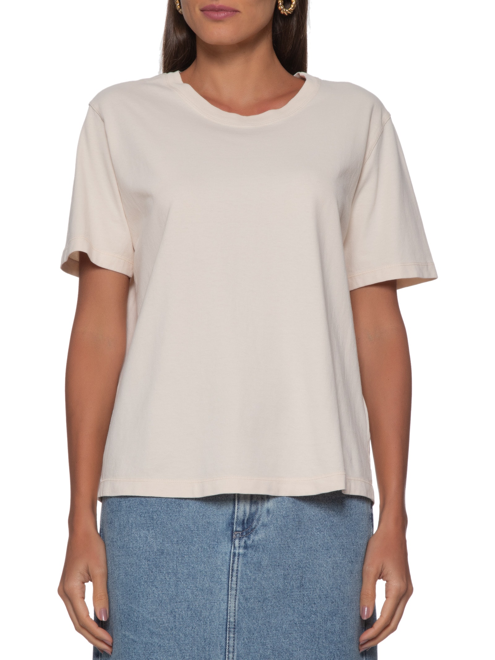 Camiseta Feminina Básica Decote Redondo Bege Shoulder