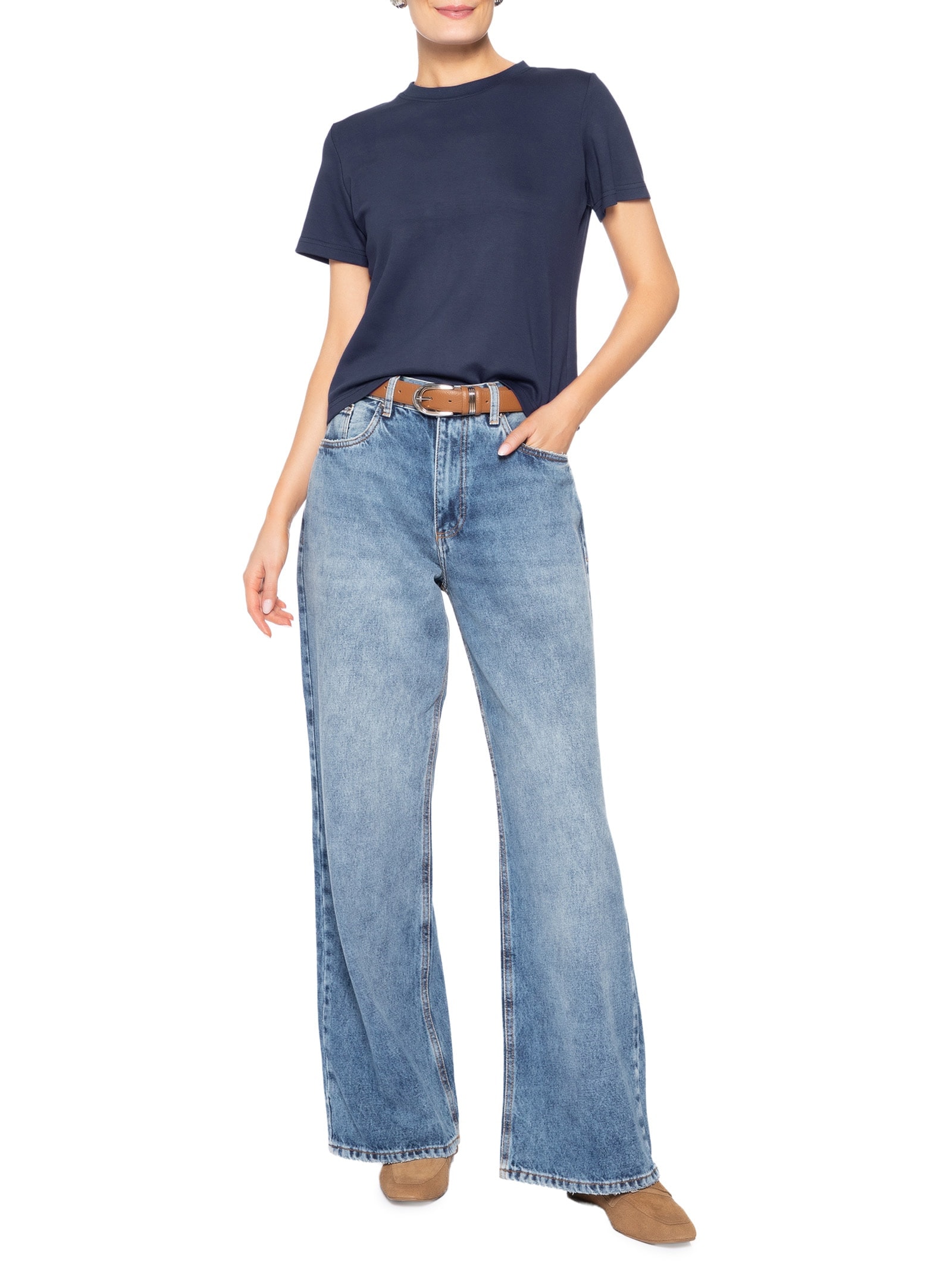 Camiseta Feminina Básica Em Malha Azul Basiq