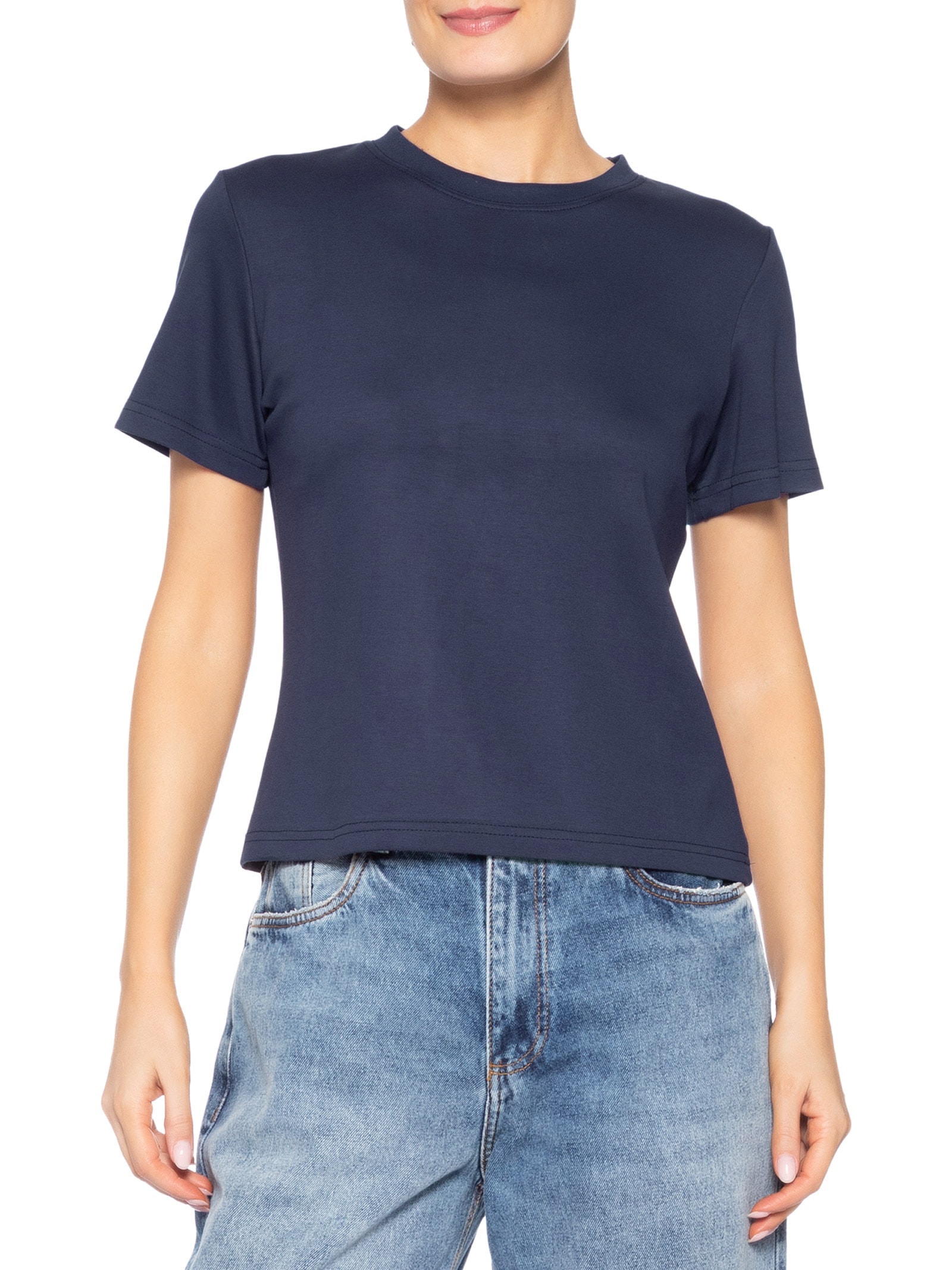 Camiseta Feminina Básica Em Malha Azul Basiq