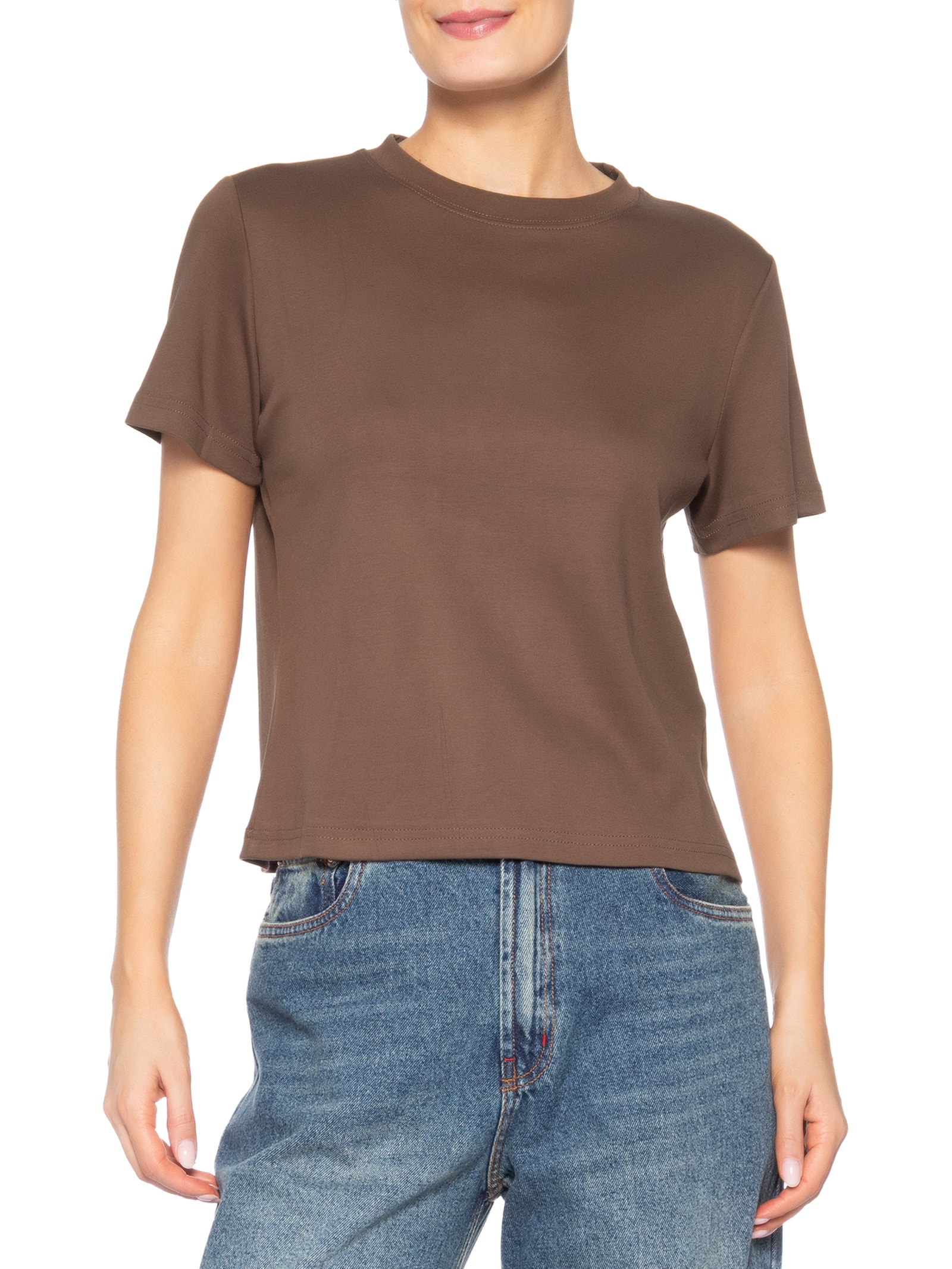 Camiseta Feminina Básica Em Malha Marrom Basiq