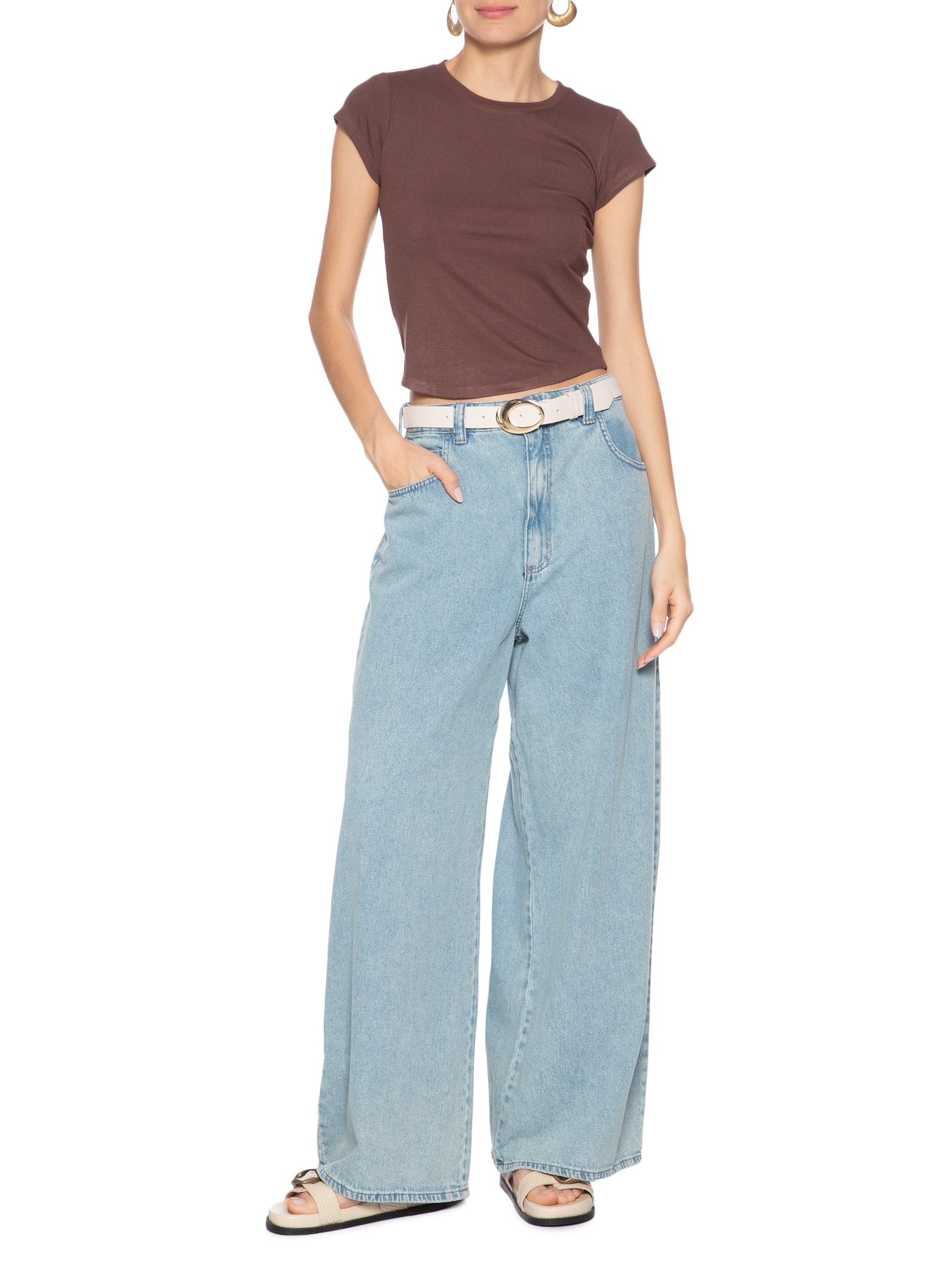 Camiseta Feminina Básica Justa Marrom Basiq