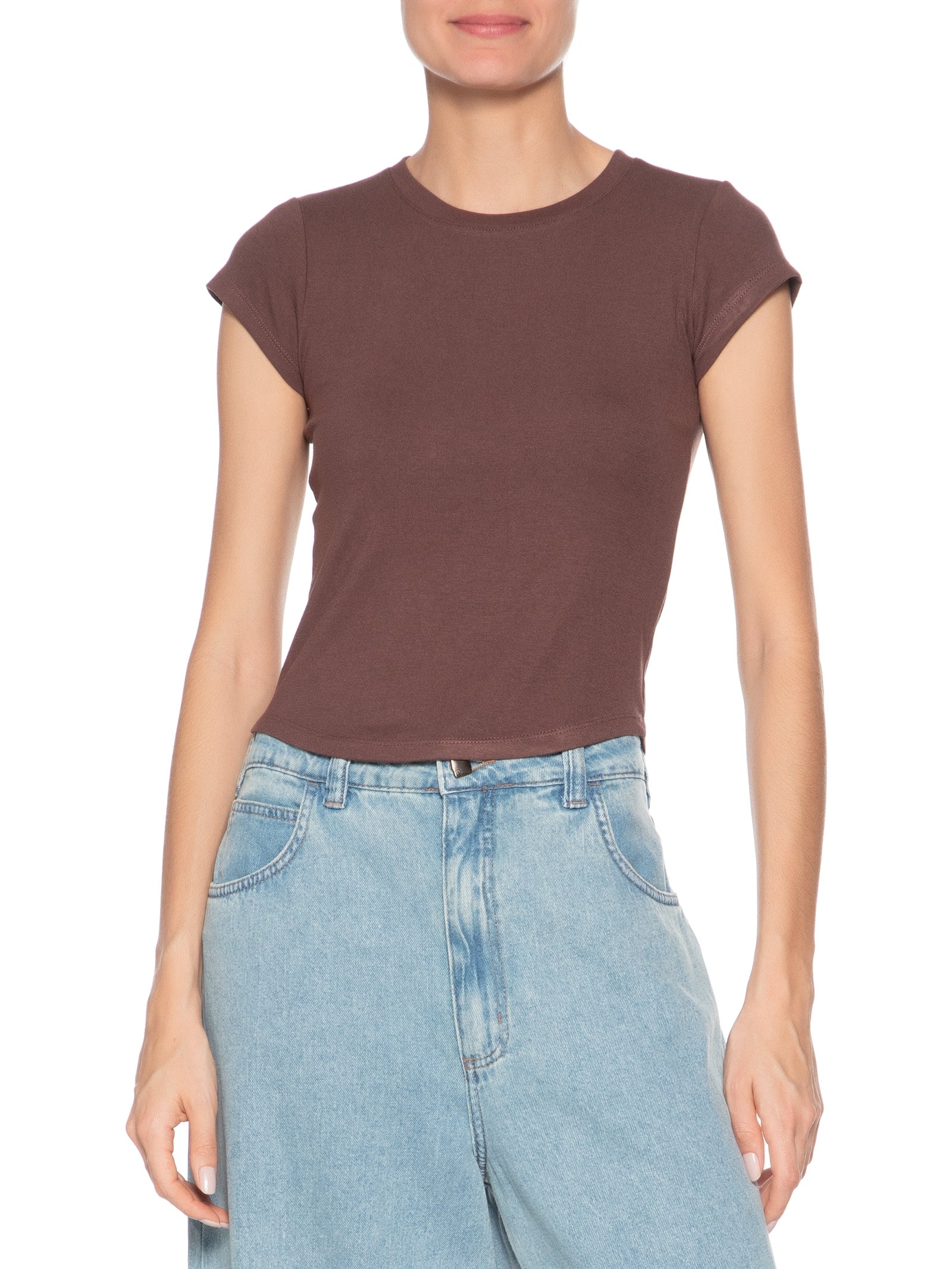 Camiseta Feminina Básica Justa Marrom Basiq