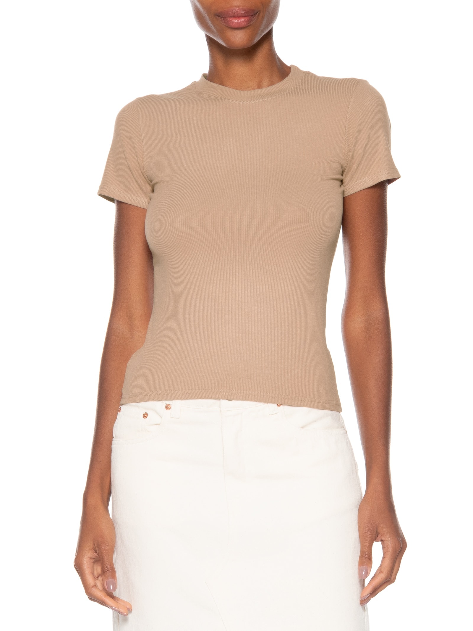 Camiseta Feminina Básica Manga Curta Bege Basiq