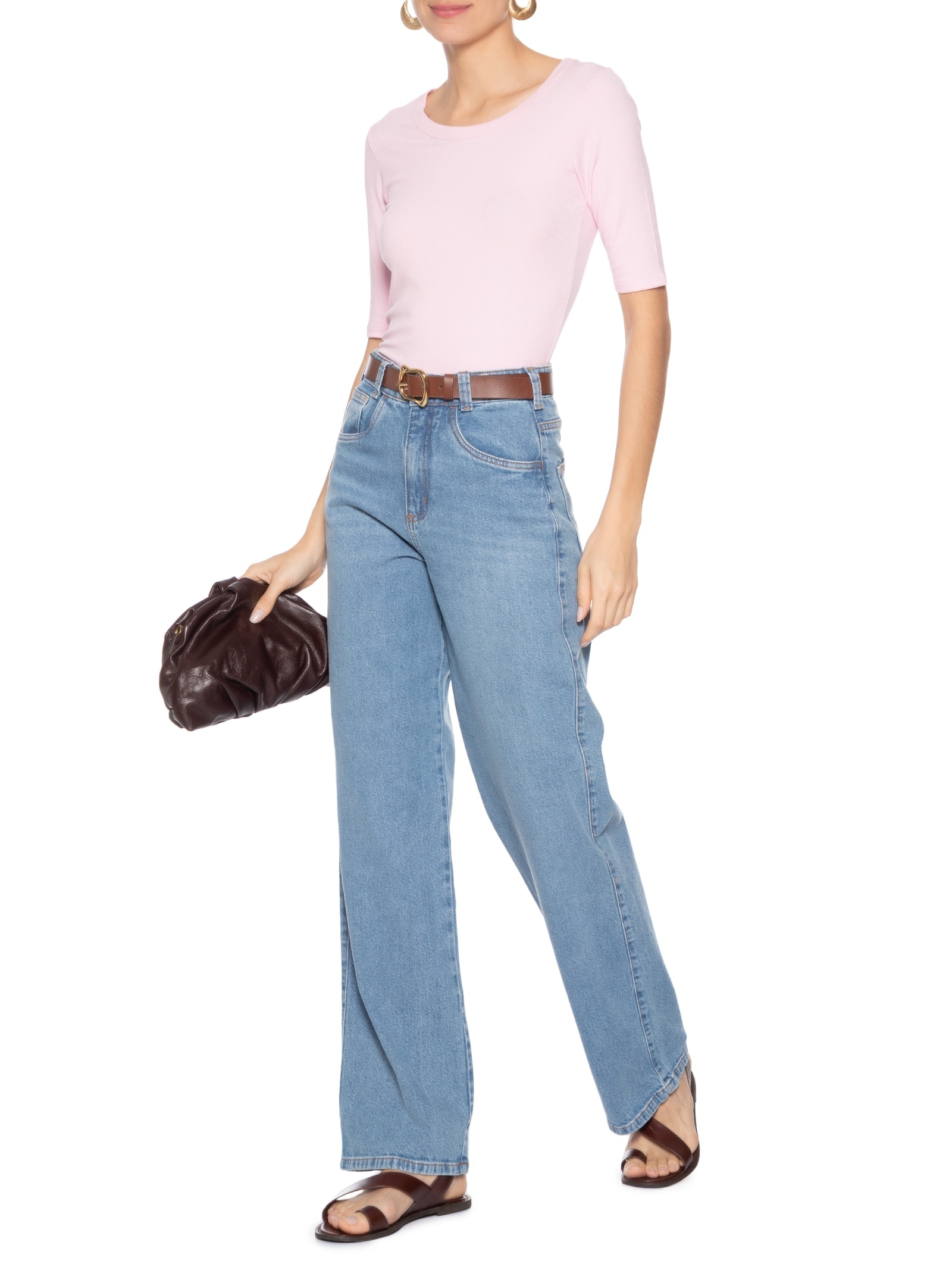 Camiseta Feminina Básica Manga Justa Rosa Basiq