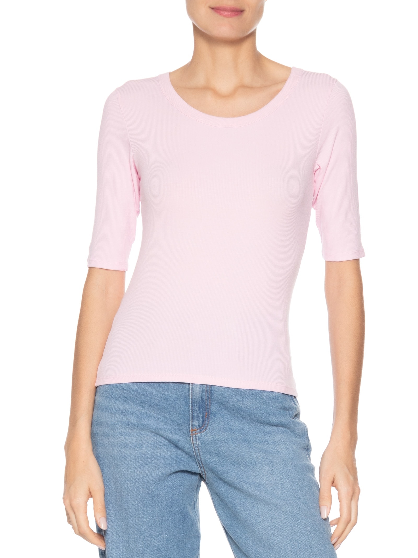 Camiseta Feminina Básica Manga Justa Rosa Basiq