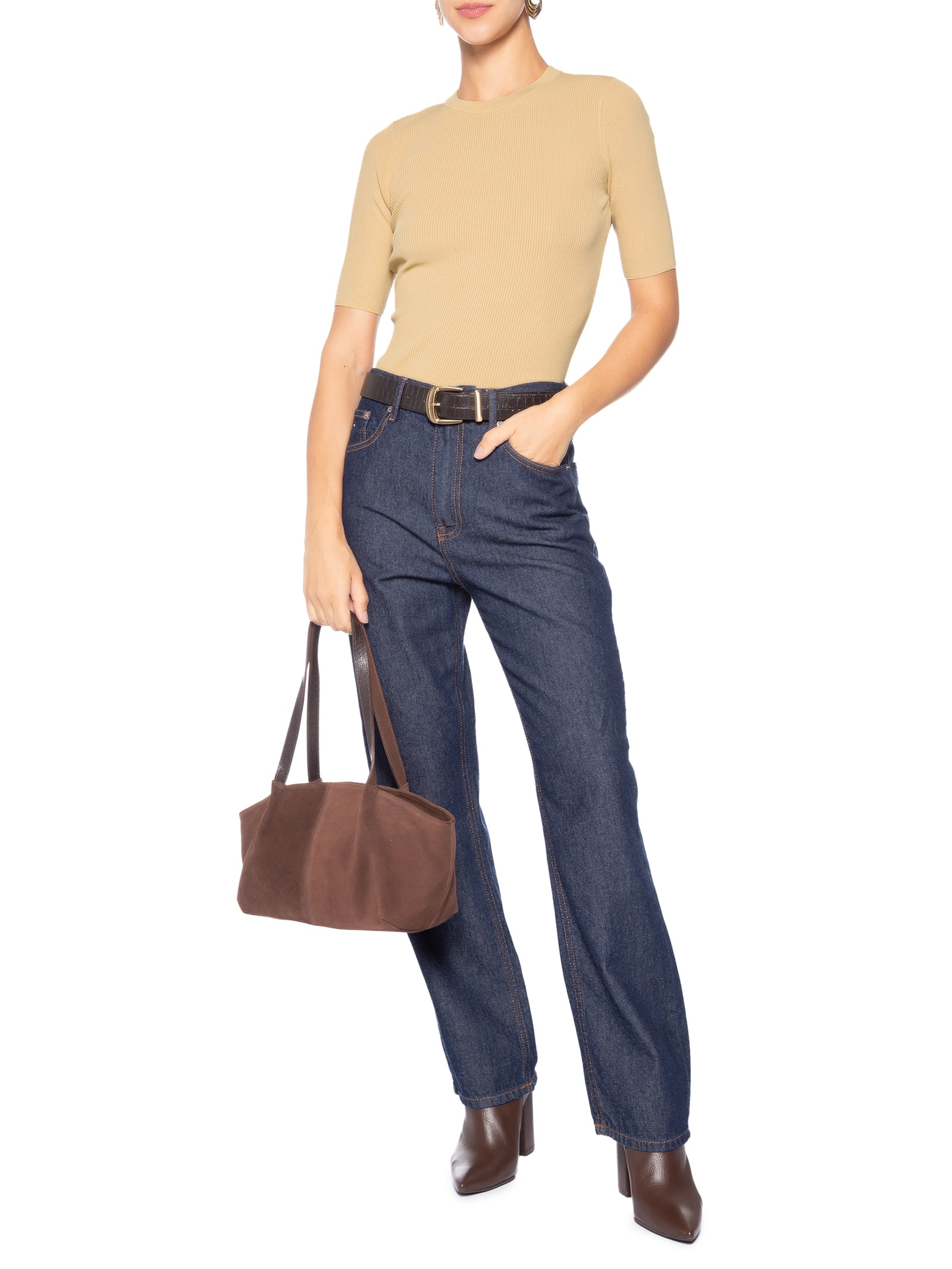 Camiseta Feminina Básica Tricot Canelado Color Bege Animale