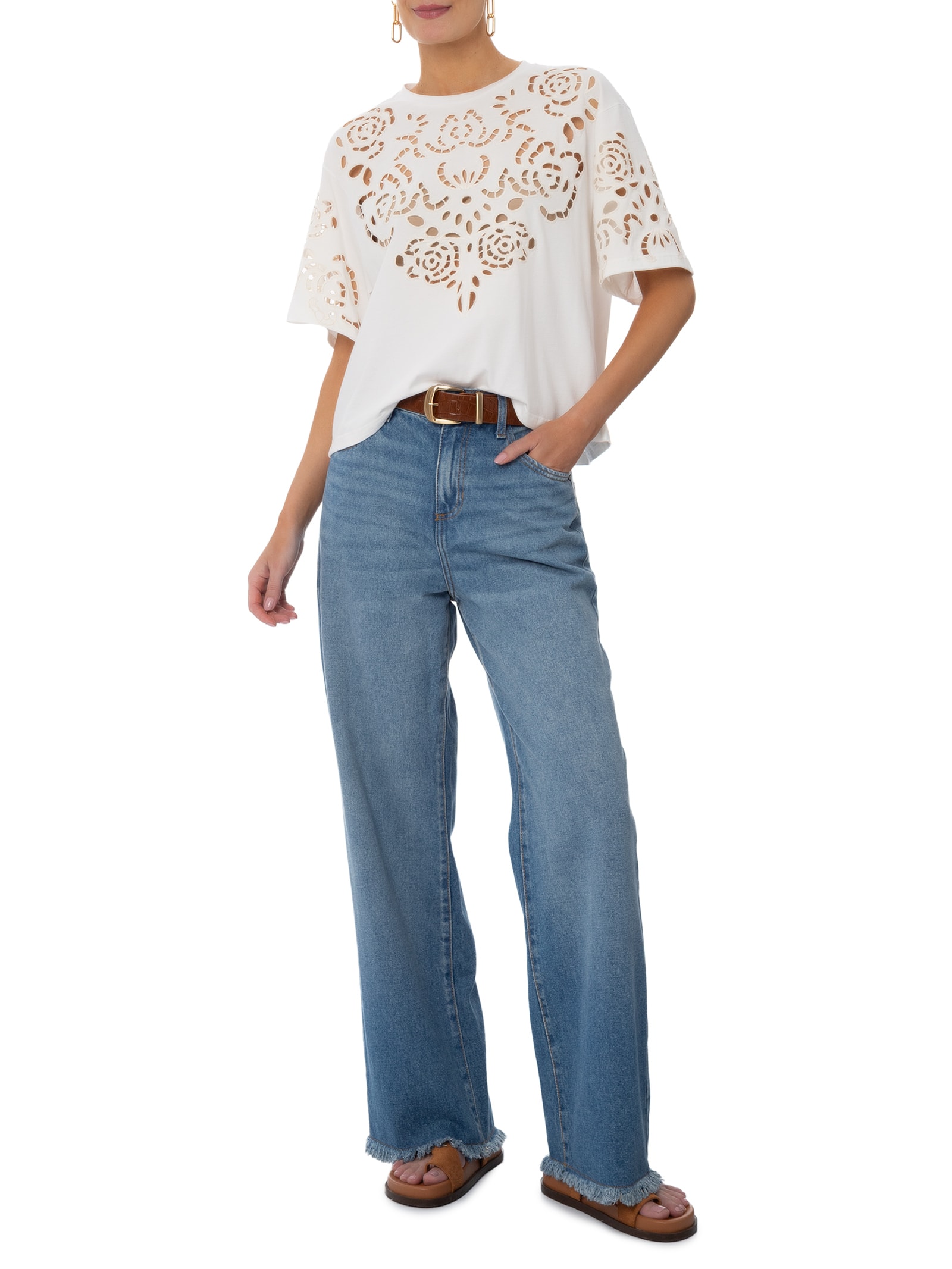 Camiseta Feminina Bordada Richelieu Branco Animale