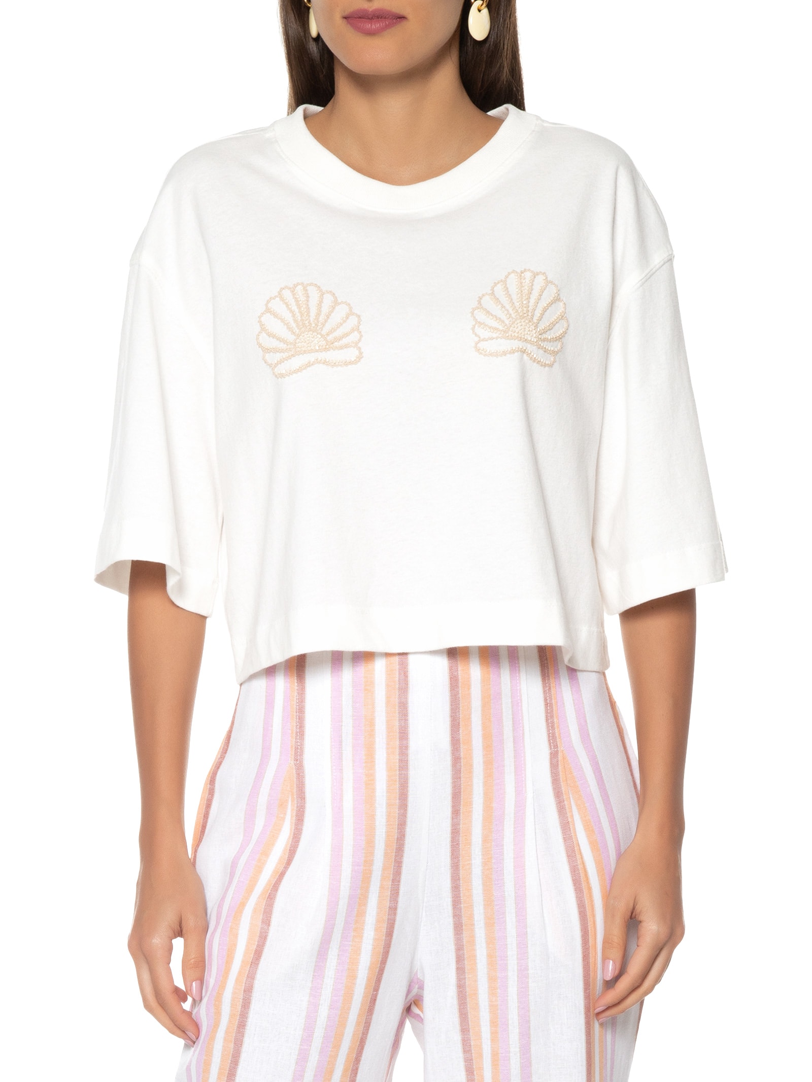 Camiseta Feminina Bordado Concha Off White Dress To