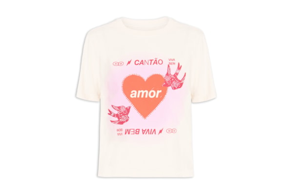 Camiseta Feminina Box Bordada Amor - Bege