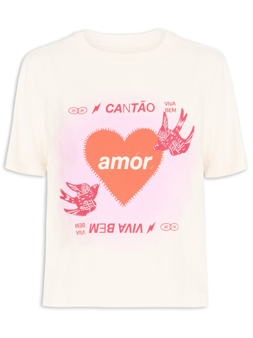 Camiseta Feminina Box Bordada Amor - Bege