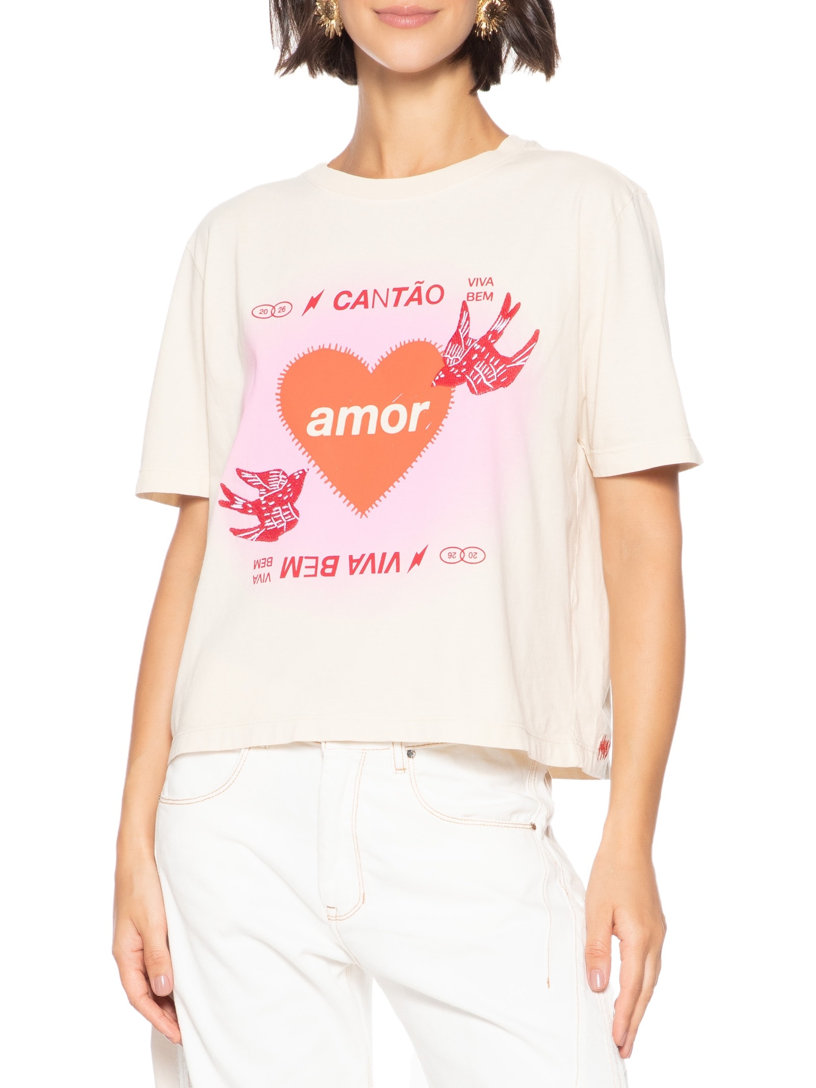 Camiseta Feminina Box Bordada Amor Bege Cantão