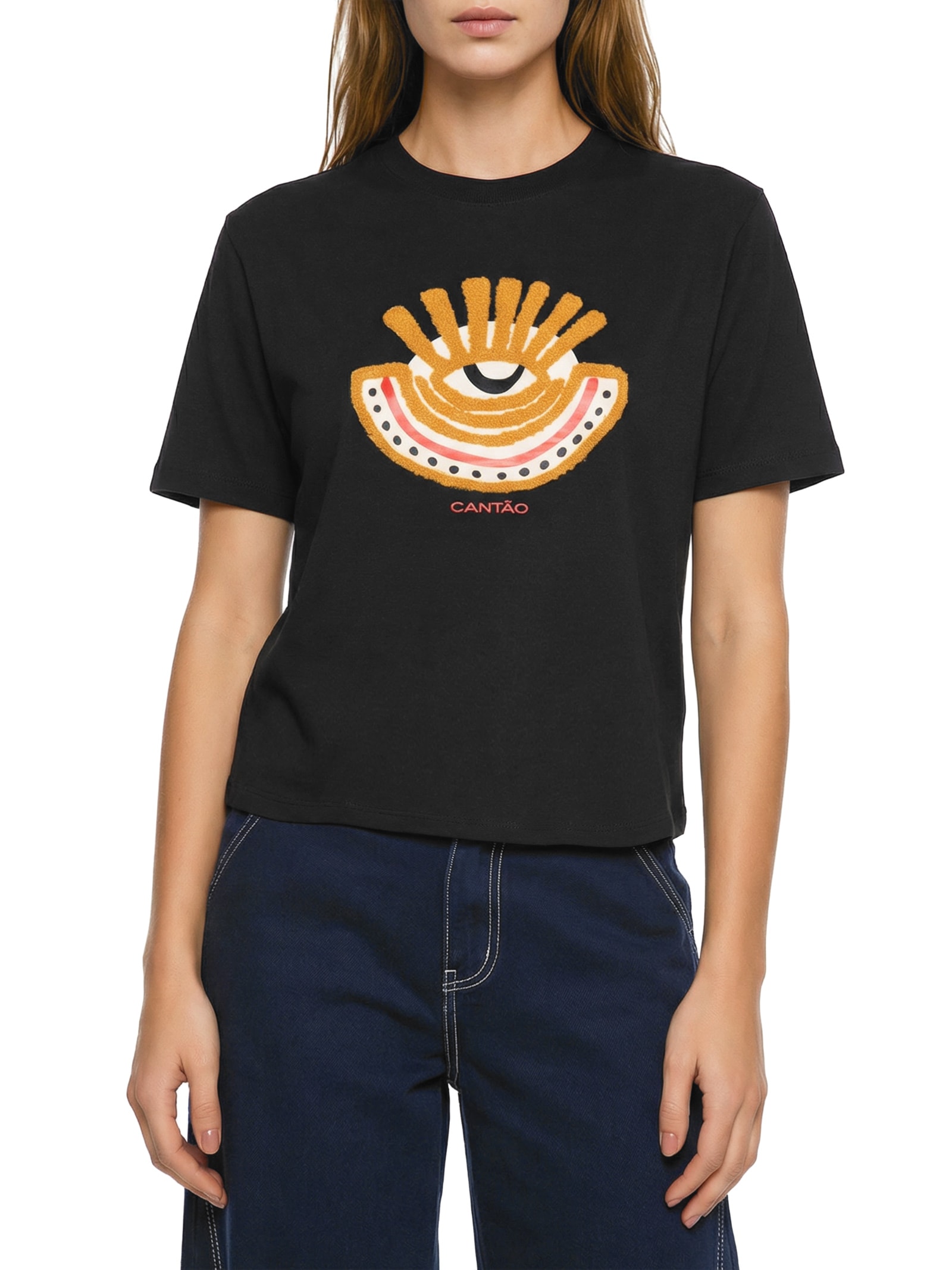 Camiseta Feminina Box Bordada Ancestral Preto Cantão