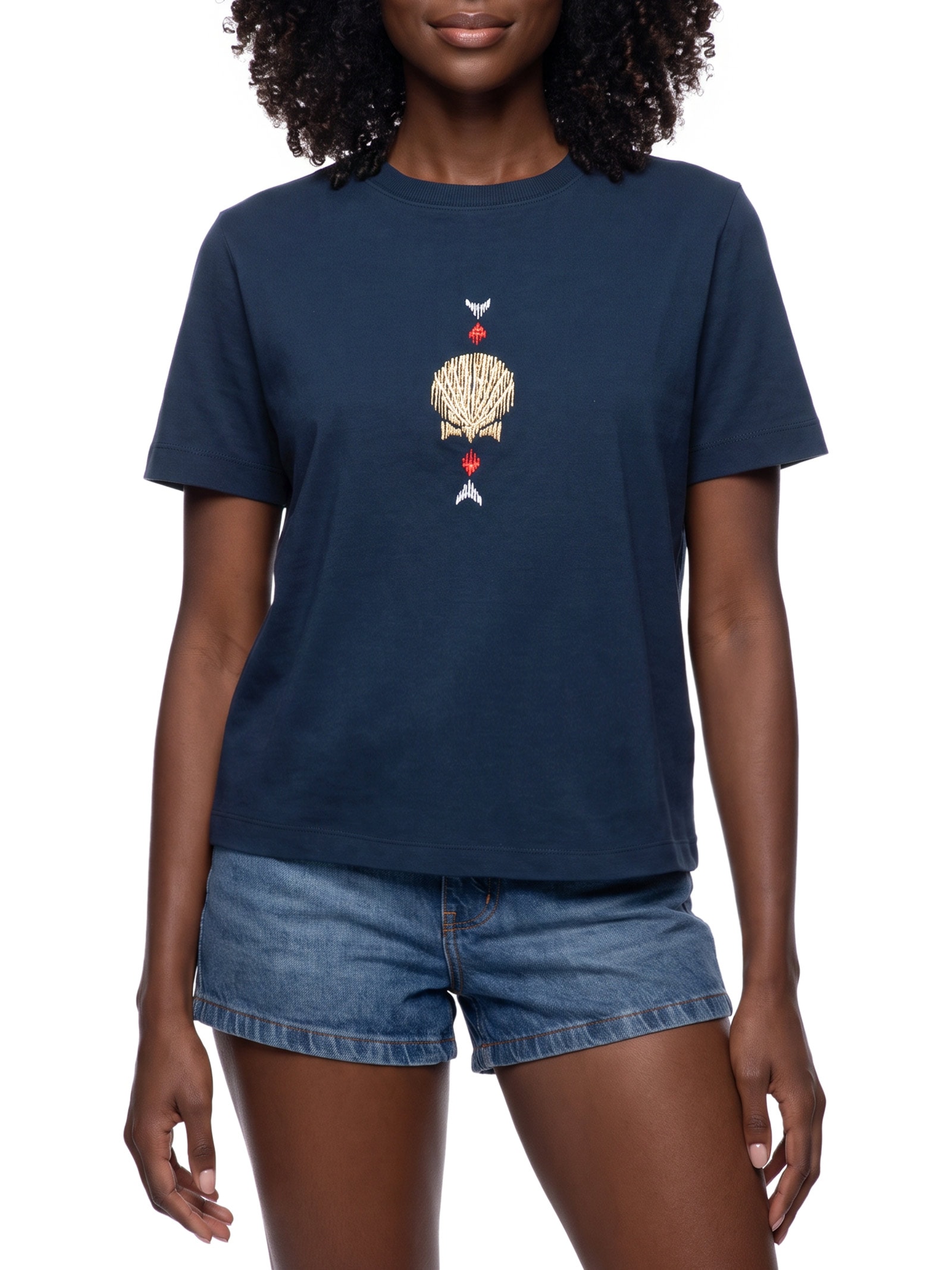 Camiseta Feminina Box Bordada Shabby Azul Cantão