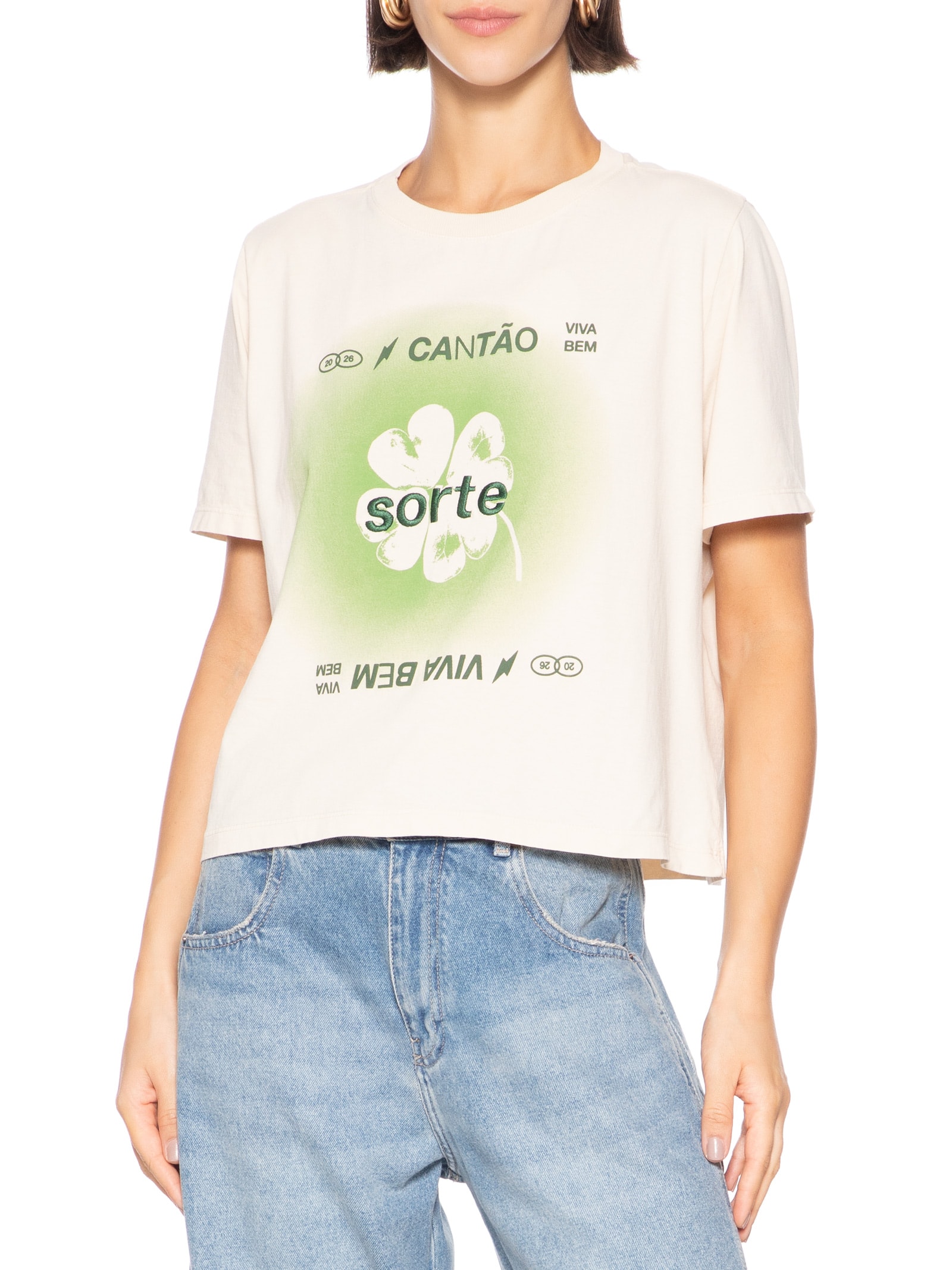 Camiseta Feminina Box Bordada Sorte Branco Cantão