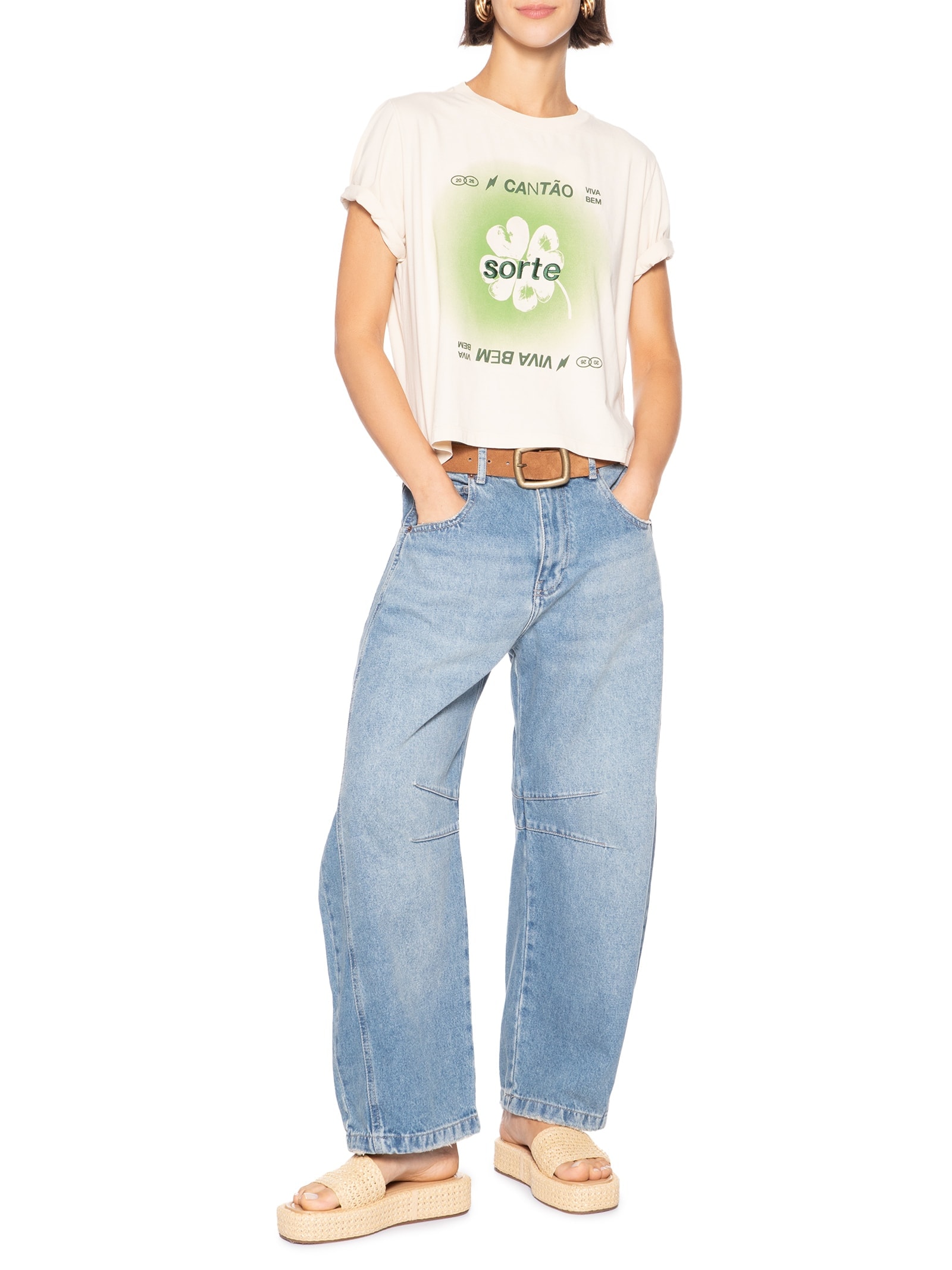 Camiseta Feminina Box Bordada Sorte Branco Cantão