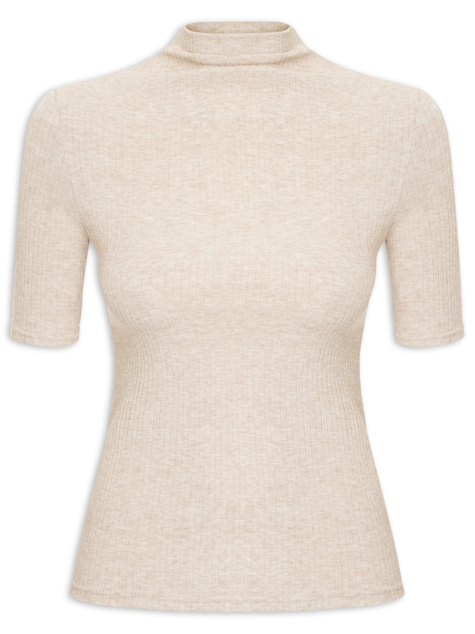 Camiseta Feminina Canelada Gola Alta Bege Basiq