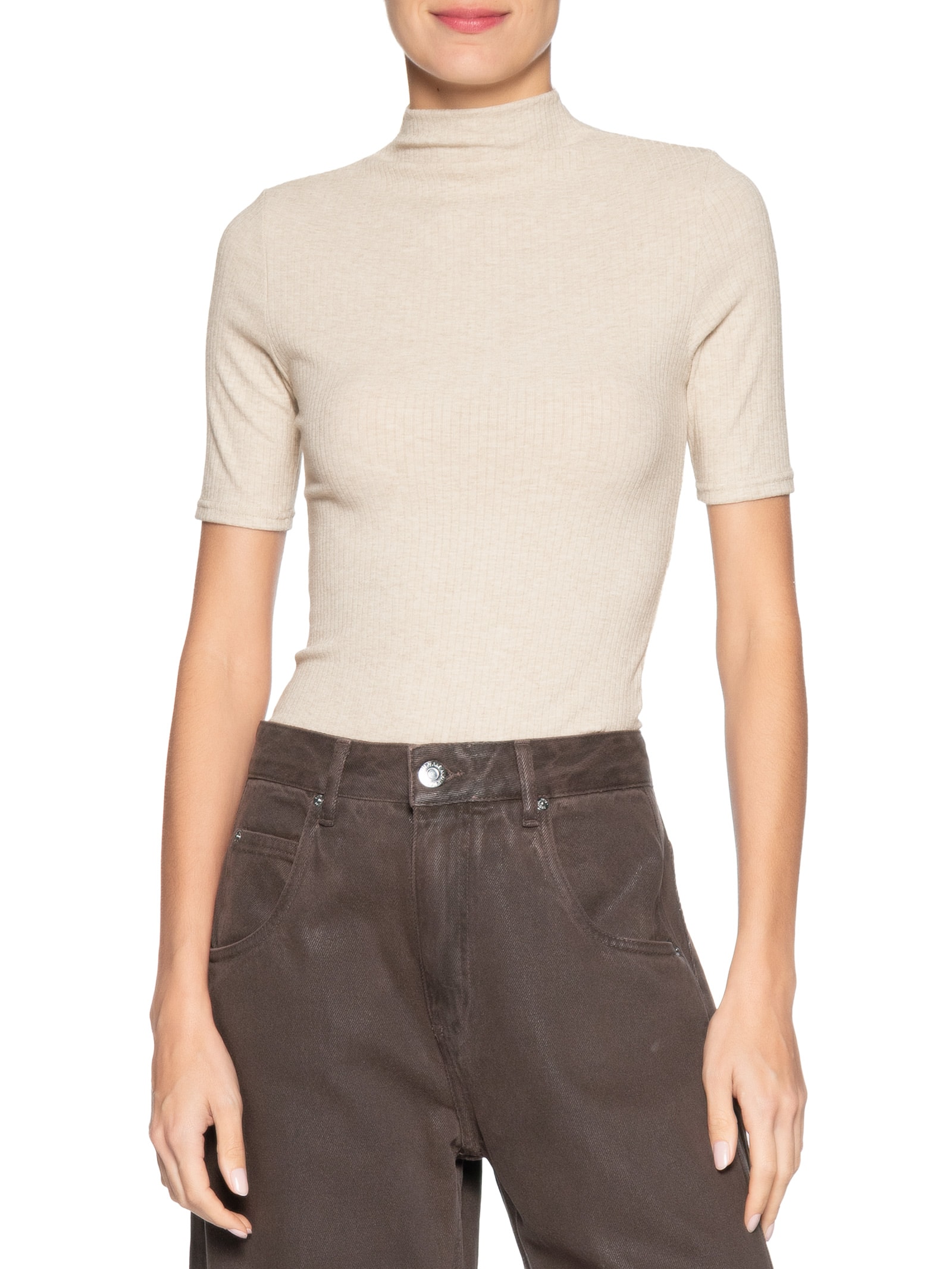 Camiseta Feminina Canelada Gola Alta Bege Basiq