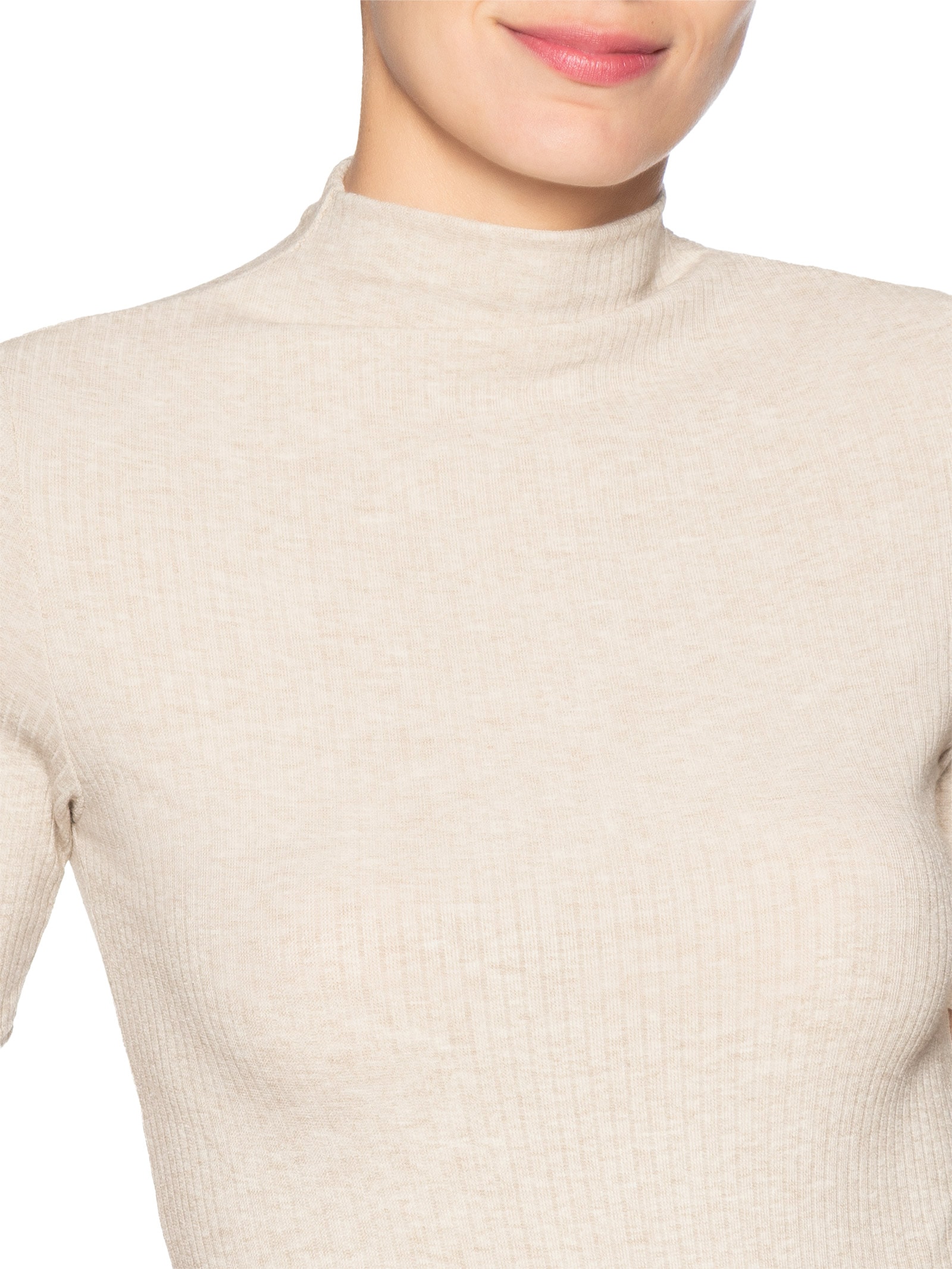 Camiseta Feminina Canelada Gola Alta Bege Basiq