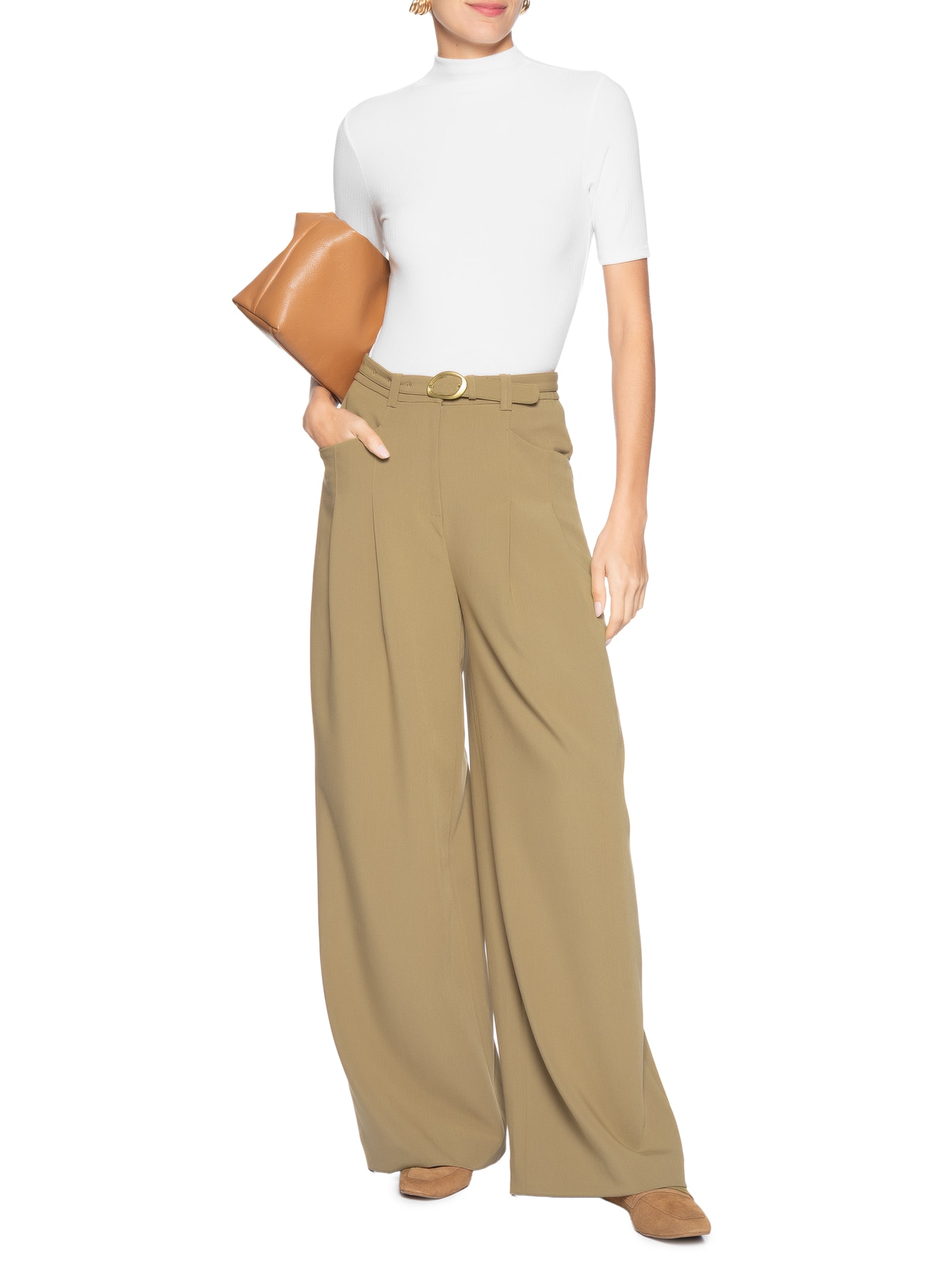 Camiseta Feminina Canelada Gola Alta Branco Basiq