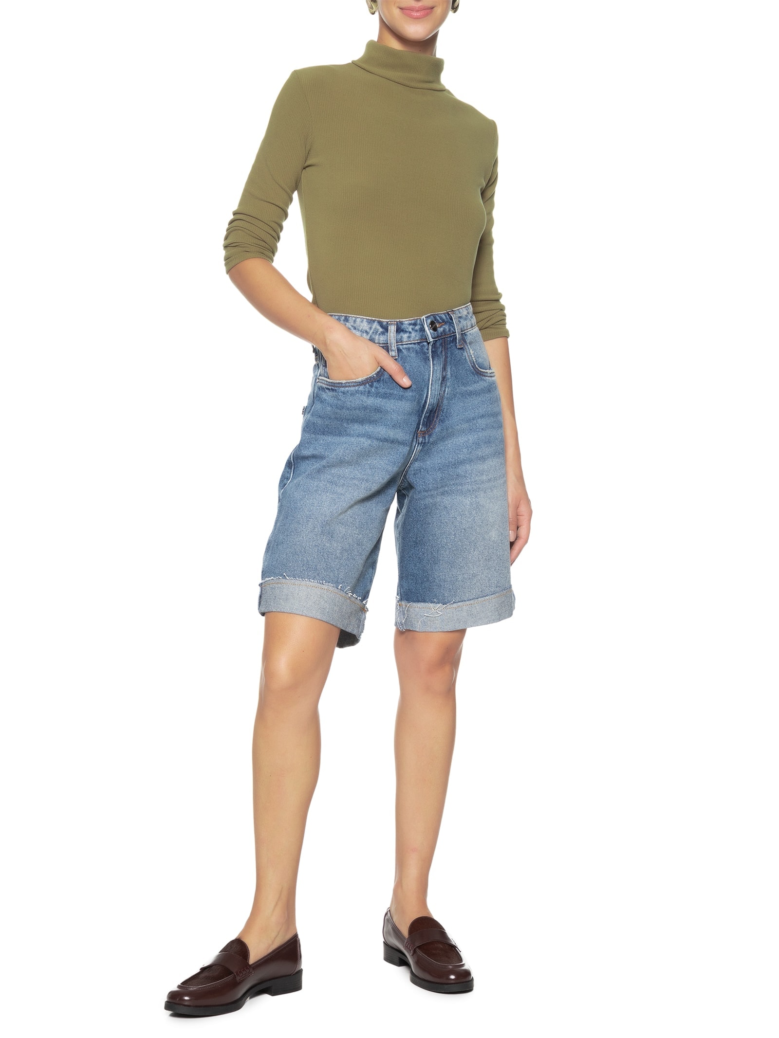 Camiseta Feminina Canelada Gola Alta Manga Longa Verde Basiq