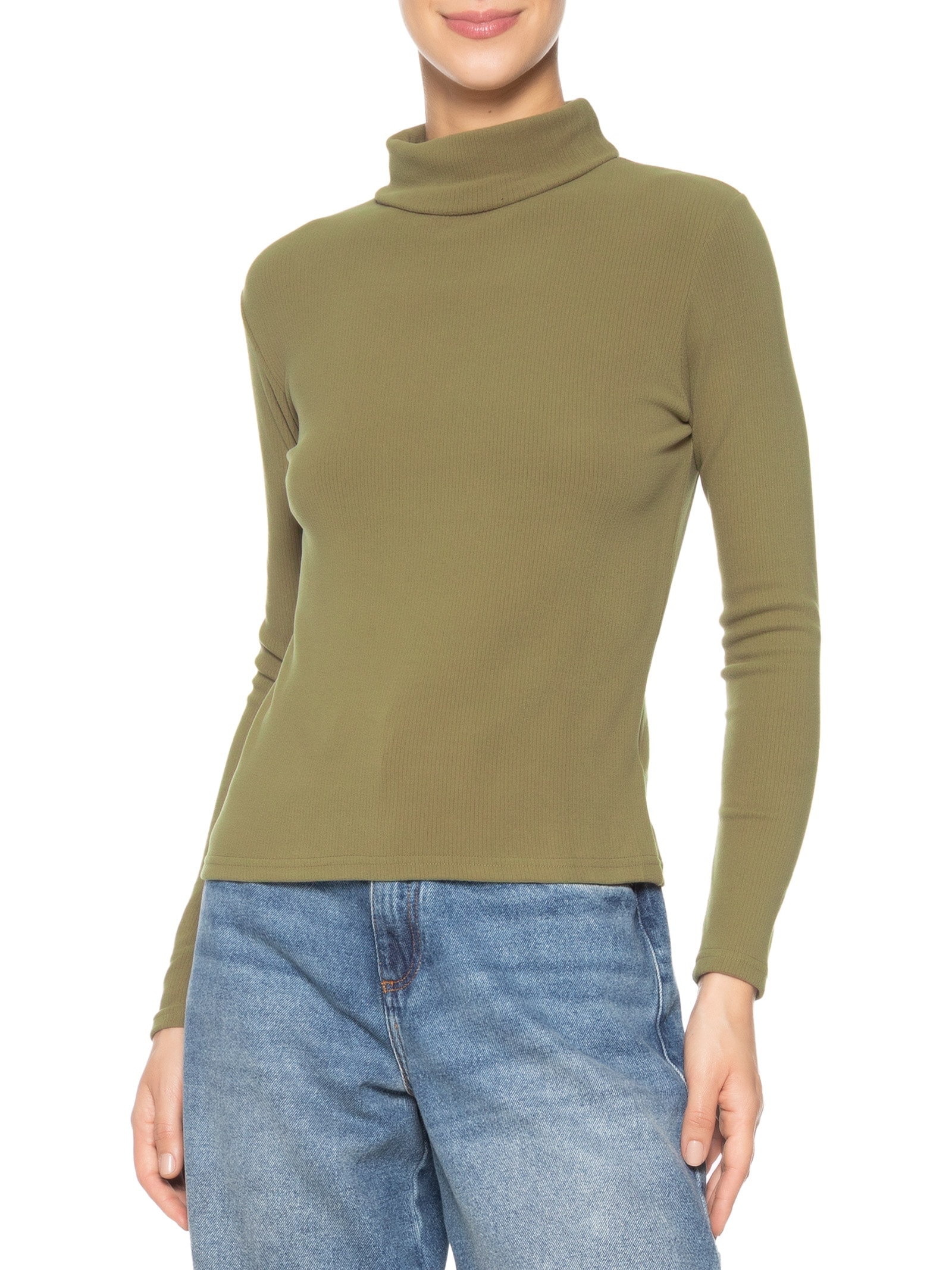 Camiseta Feminina Canelada Gola Alta Manga Longa Verde Basiq
