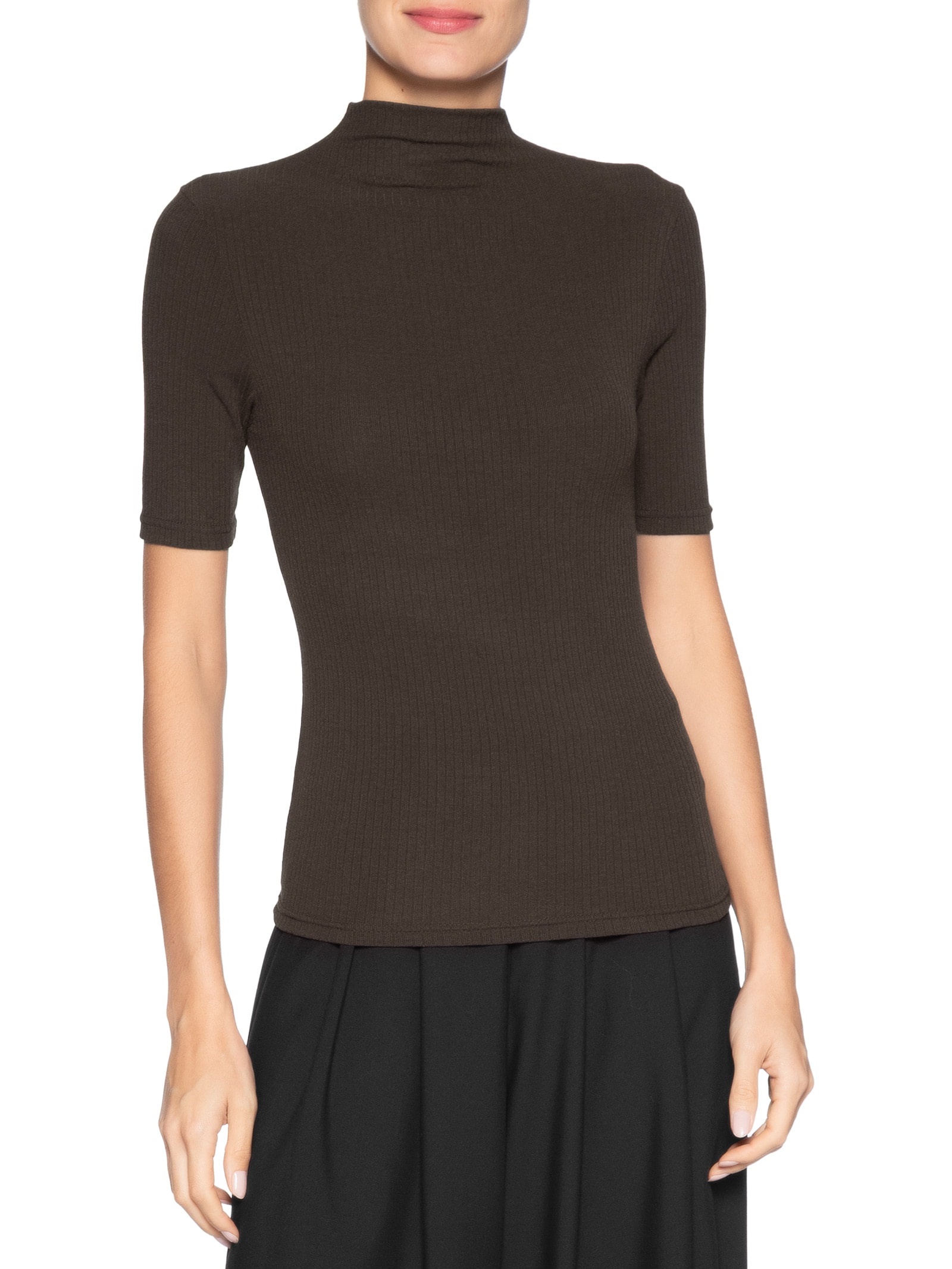 Camiseta Feminina Canelada Gola Alta Marrom Basiq