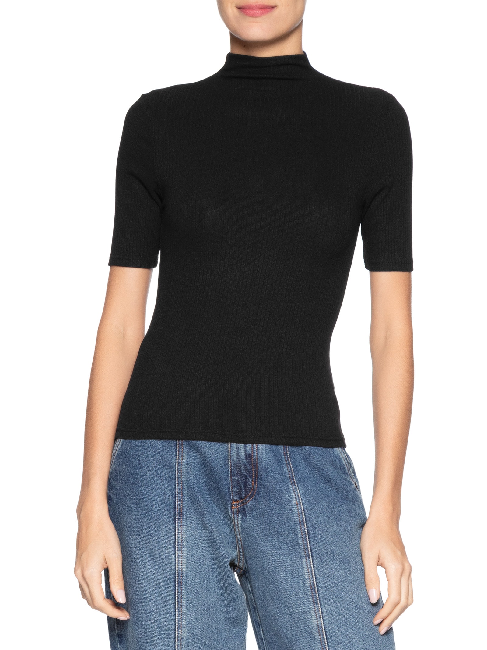 Camiseta Feminina Canelada Gola Alta Preto Basiq