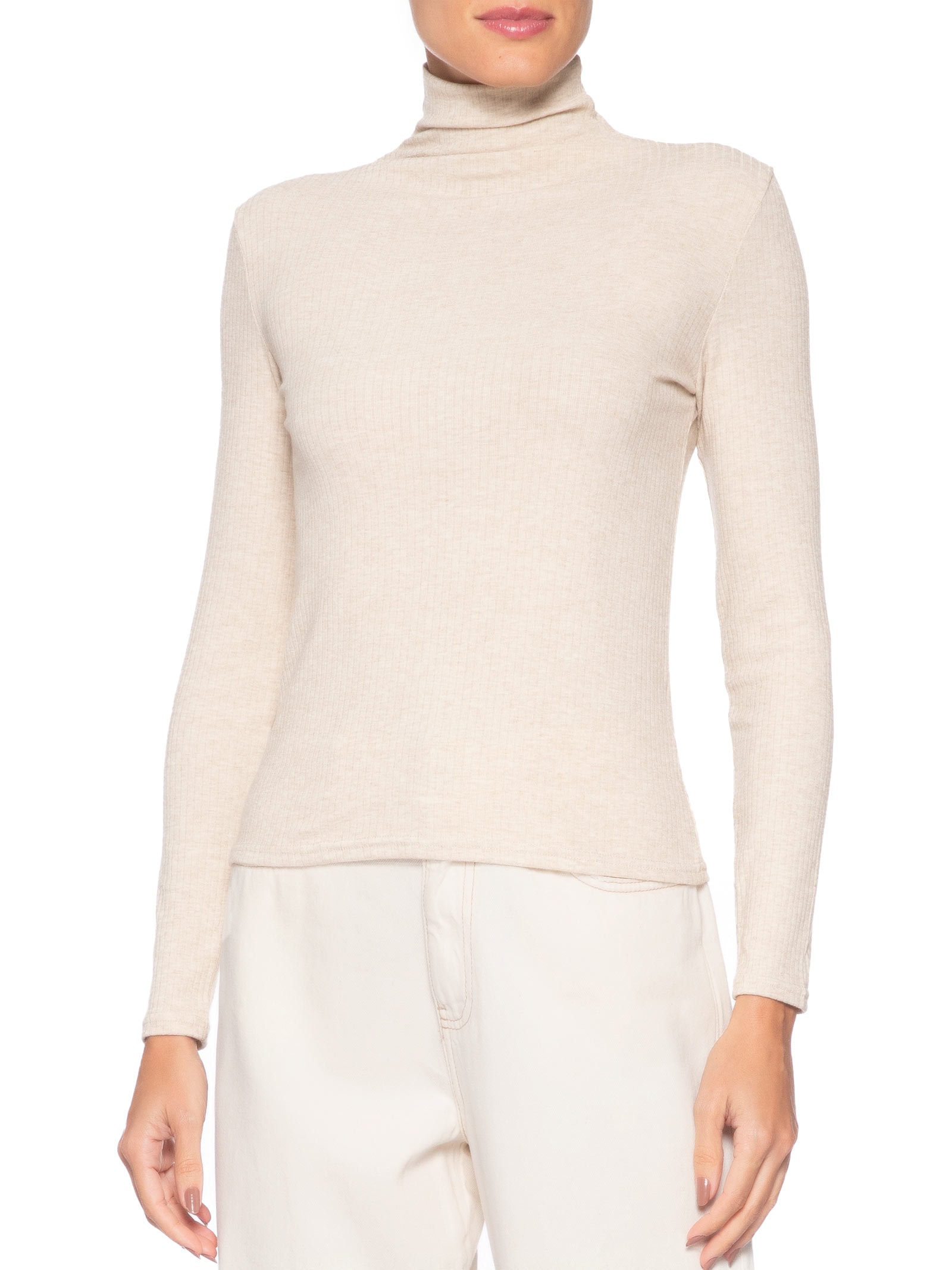 Camiseta Feminina Canelada Manga Longa Bege Basiq