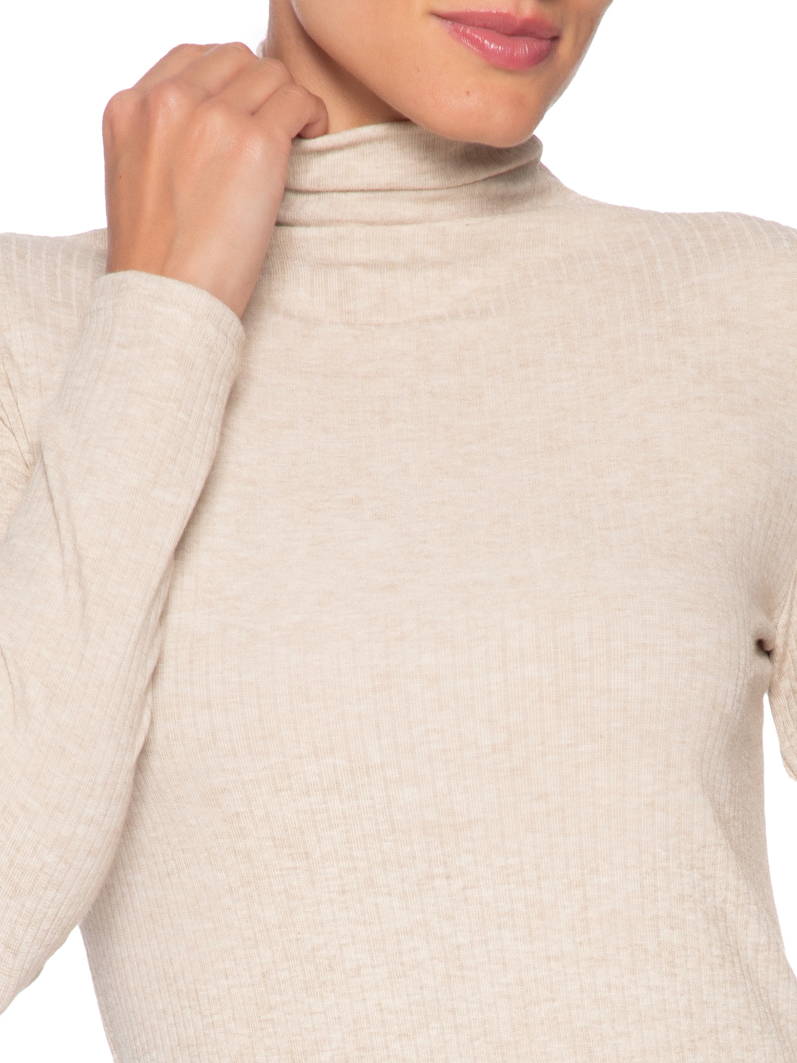 Camiseta Feminina Canelada Manga Longa Bege Basiq