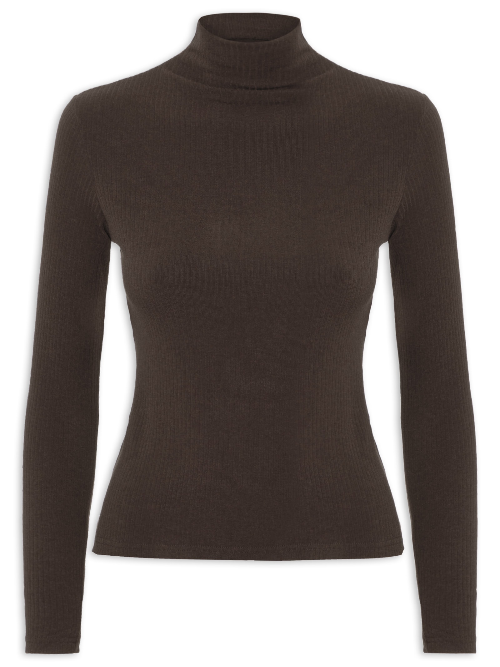 Camiseta Feminina Canelada Manga Longa Marrom Basiq