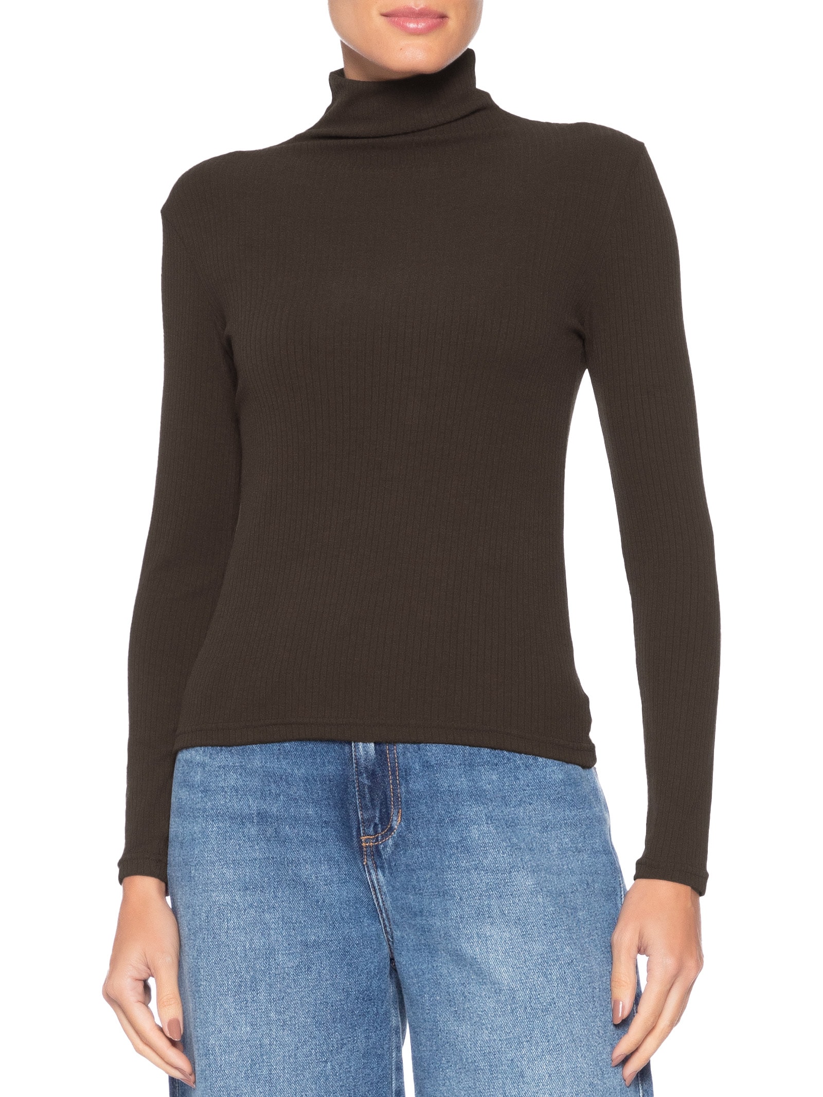 Camiseta Feminina Canelada Manga Longa Marrom Basiq