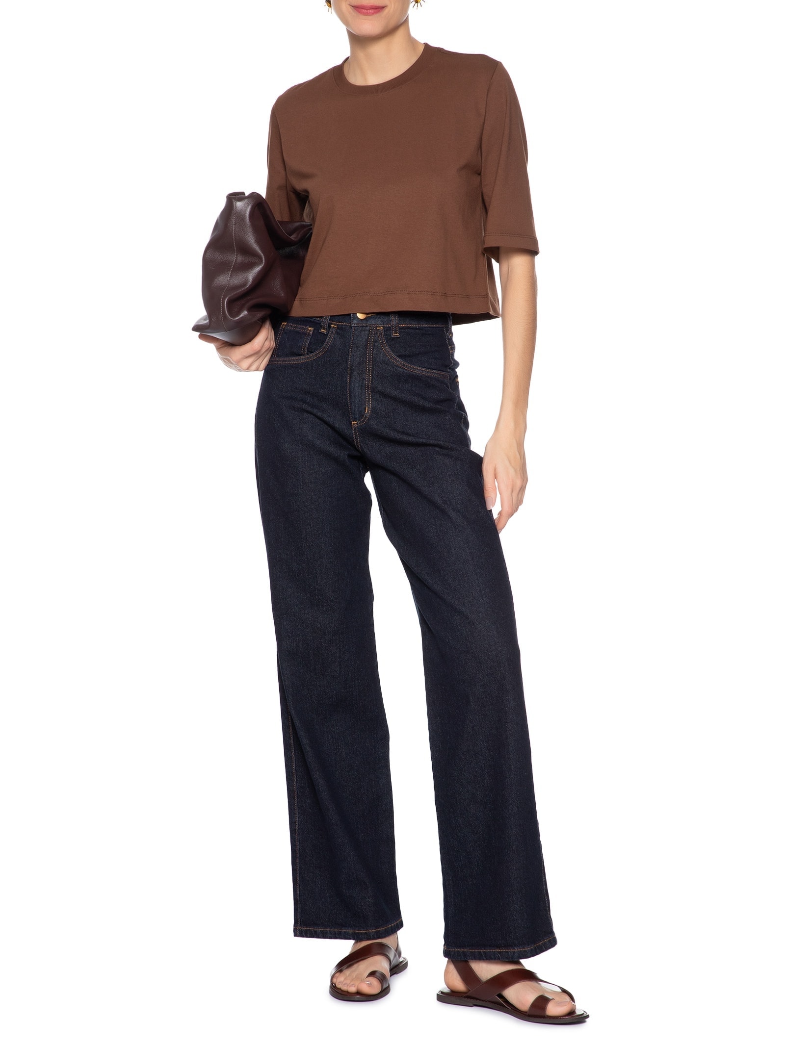 Camiseta Feminina Cropped Básica Marrom Basiq