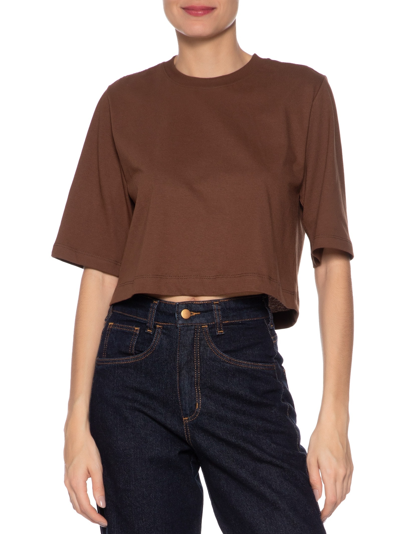 Camiseta Feminina Cropped Básica Marrom Basiq
