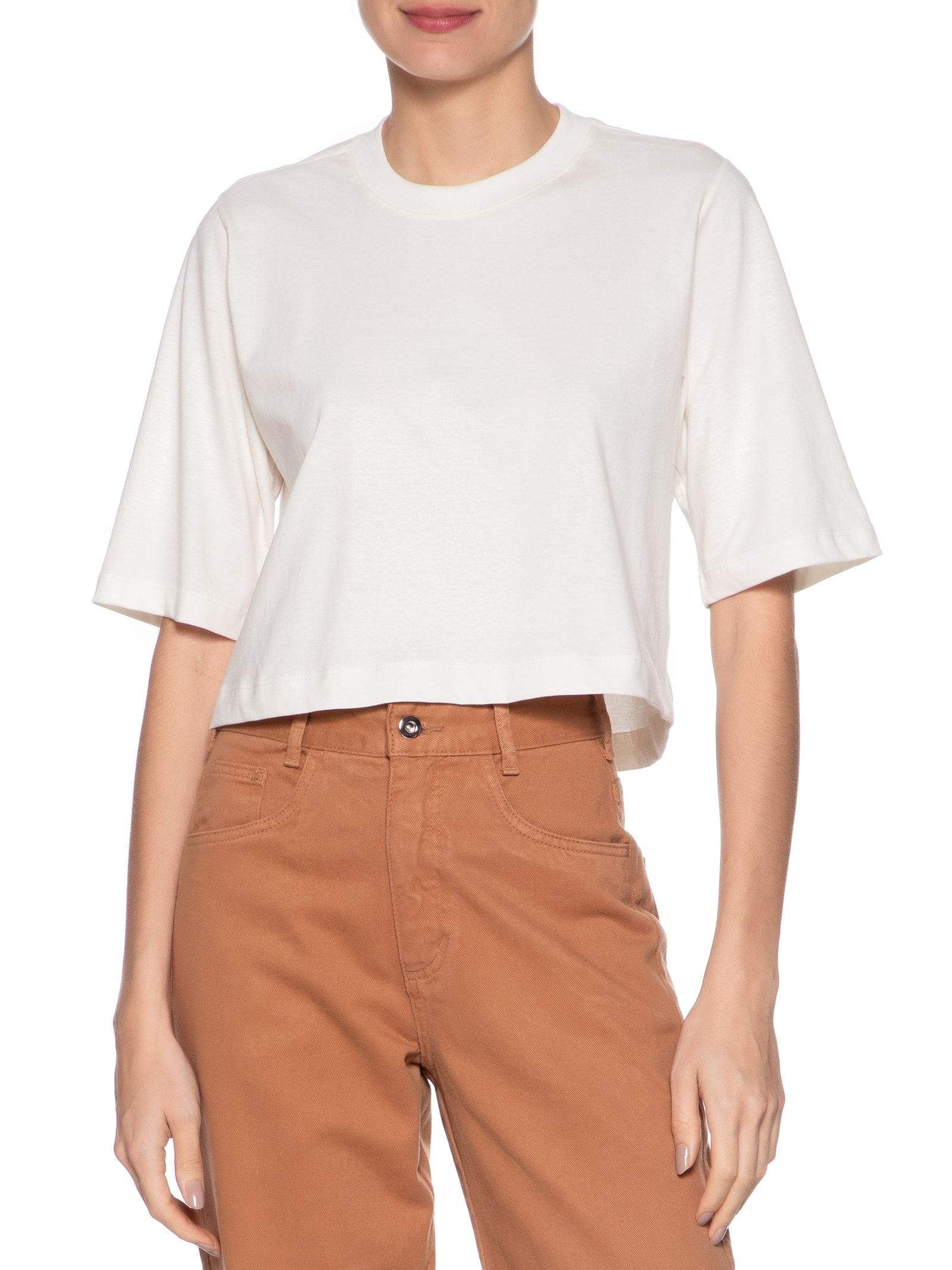 Camiseta Feminina Cropped Básica Off White Basiq