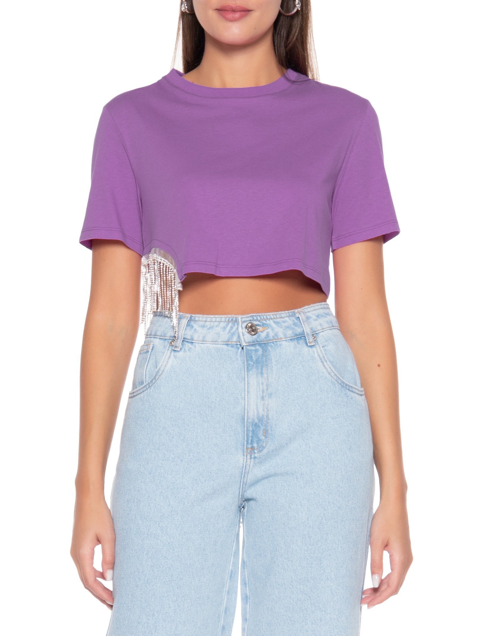 Camiseta Feminina Cropped Com Strass Roxo My Favorite Things