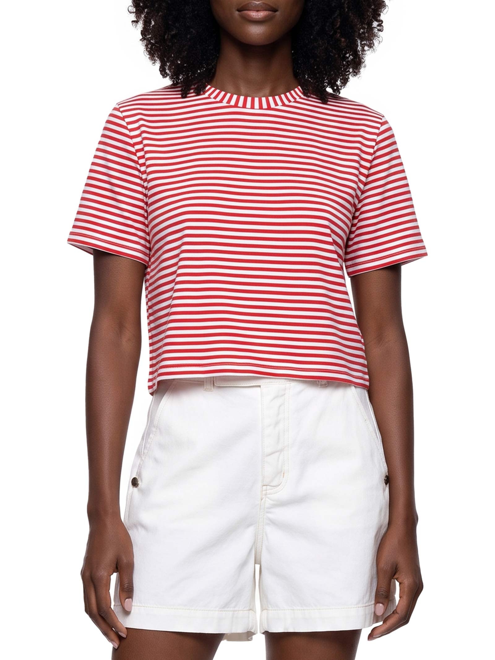 Camiseta Feminina Cropped Listras Vermelho Cacay