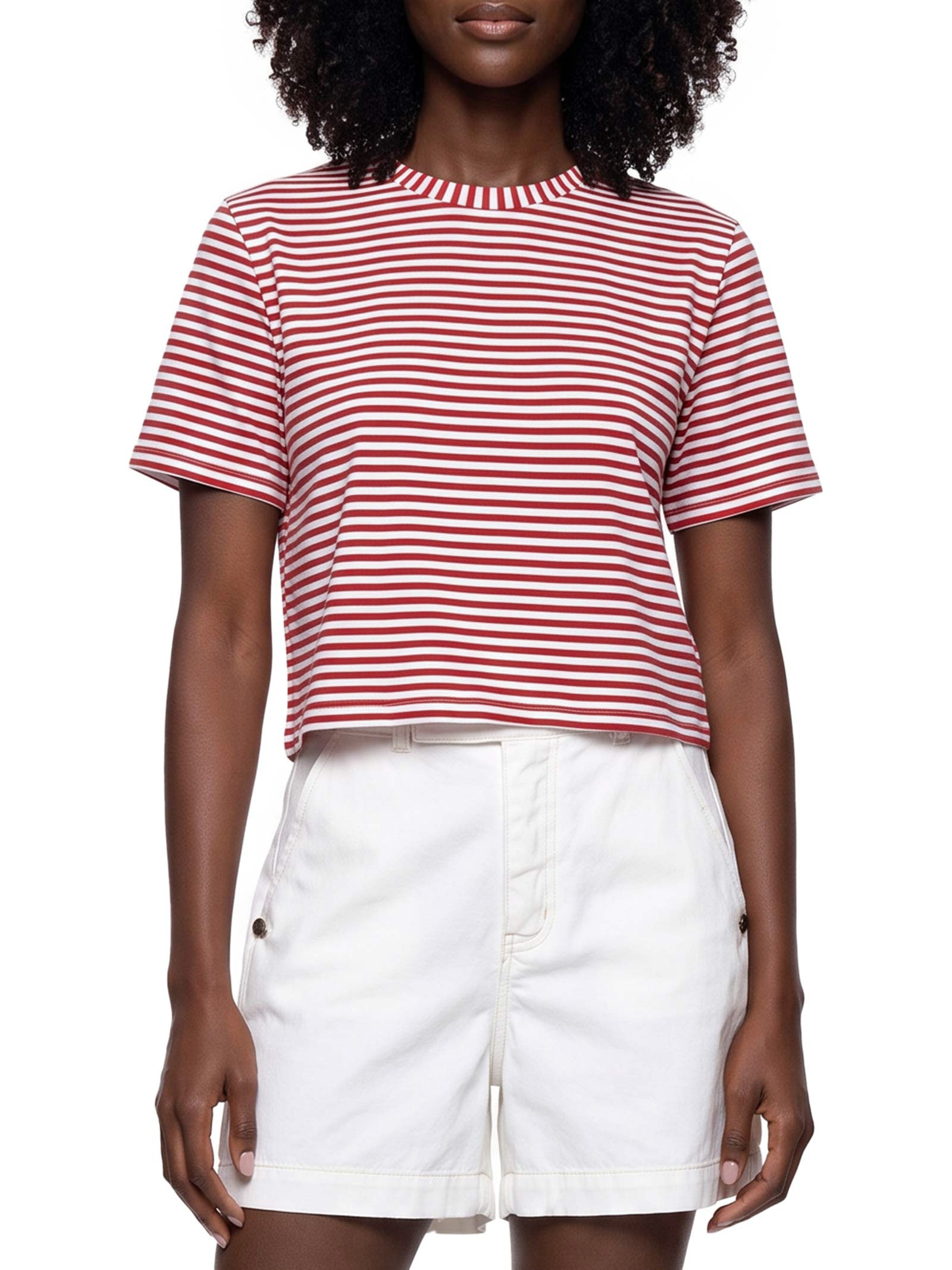 Camiseta Feminina Cropped Listras Vermelho Cacay