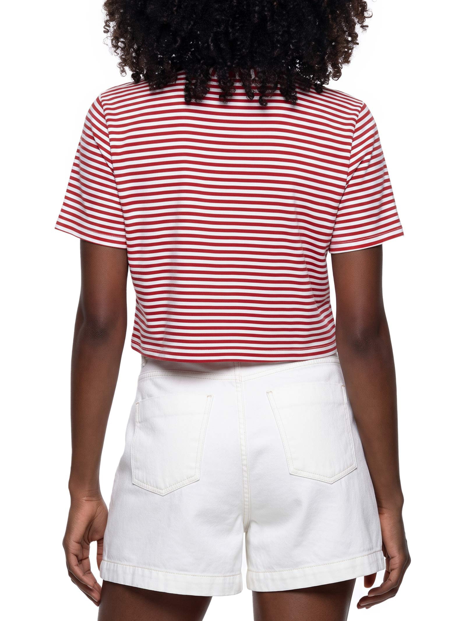 Camiseta Feminina Cropped Listras Vermelho Cacay
