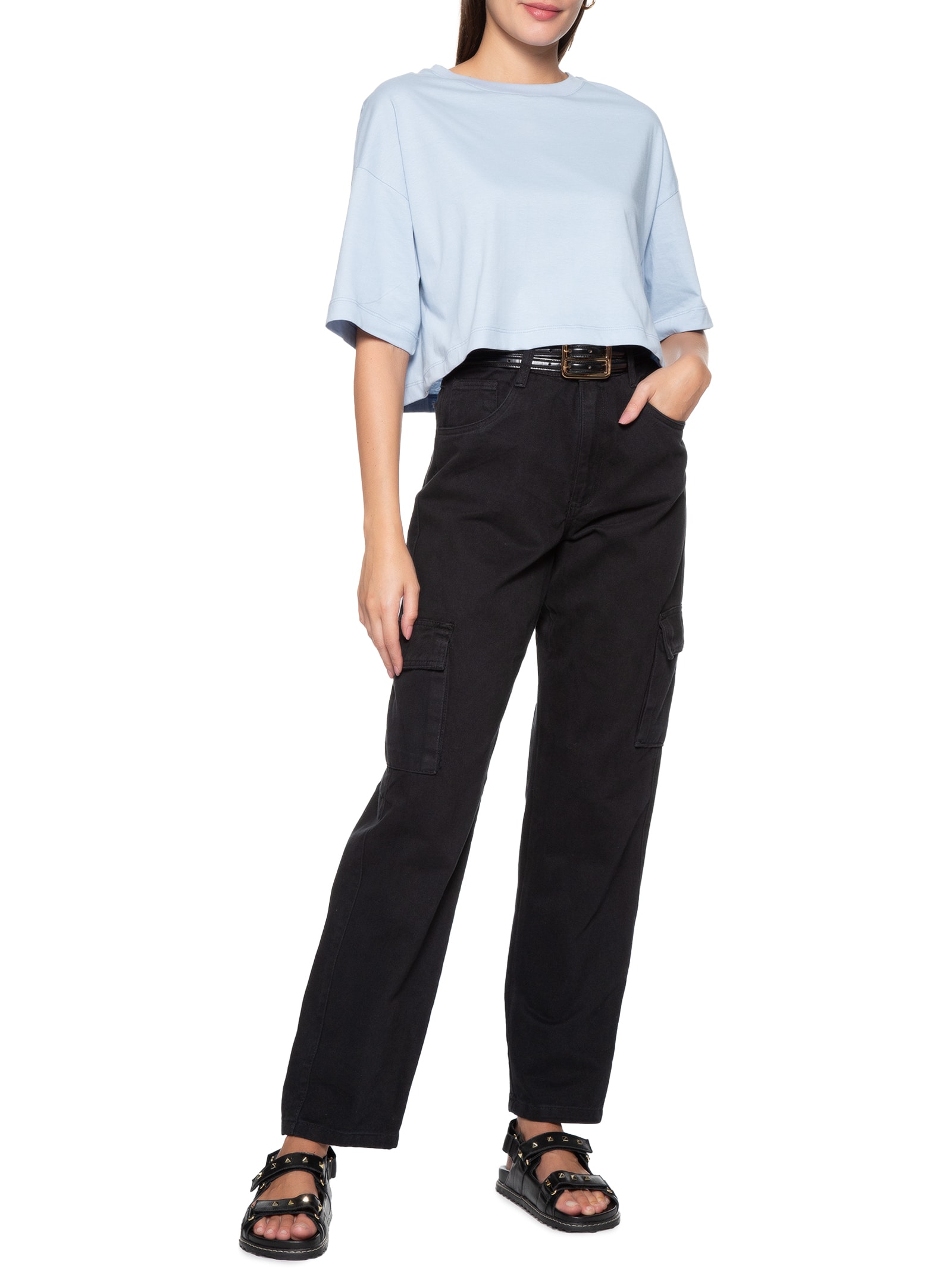 Camiseta Feminina Cropped Malha Azul Basiq