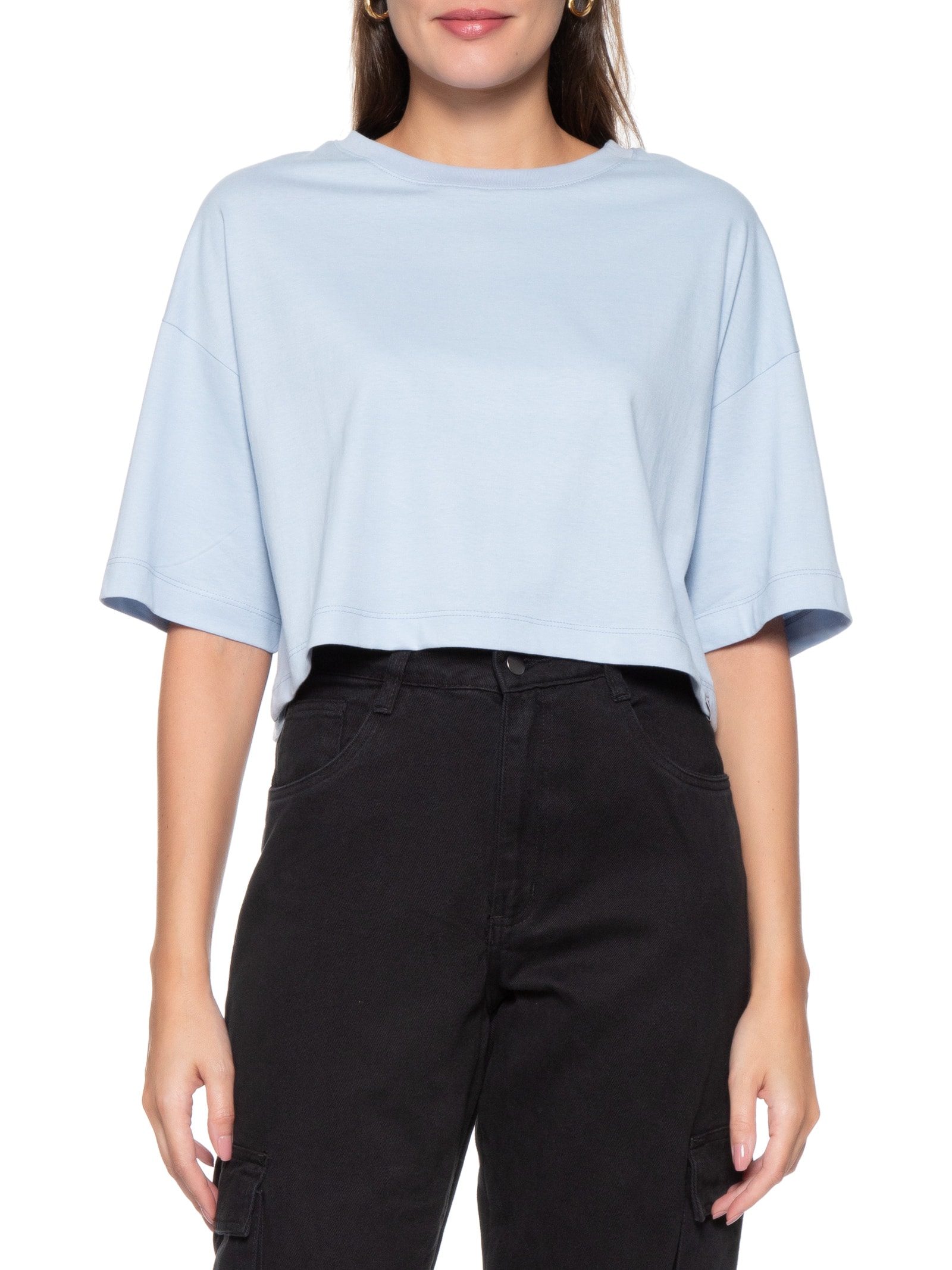 Camiseta Feminina Cropped Malha Azul Basiq