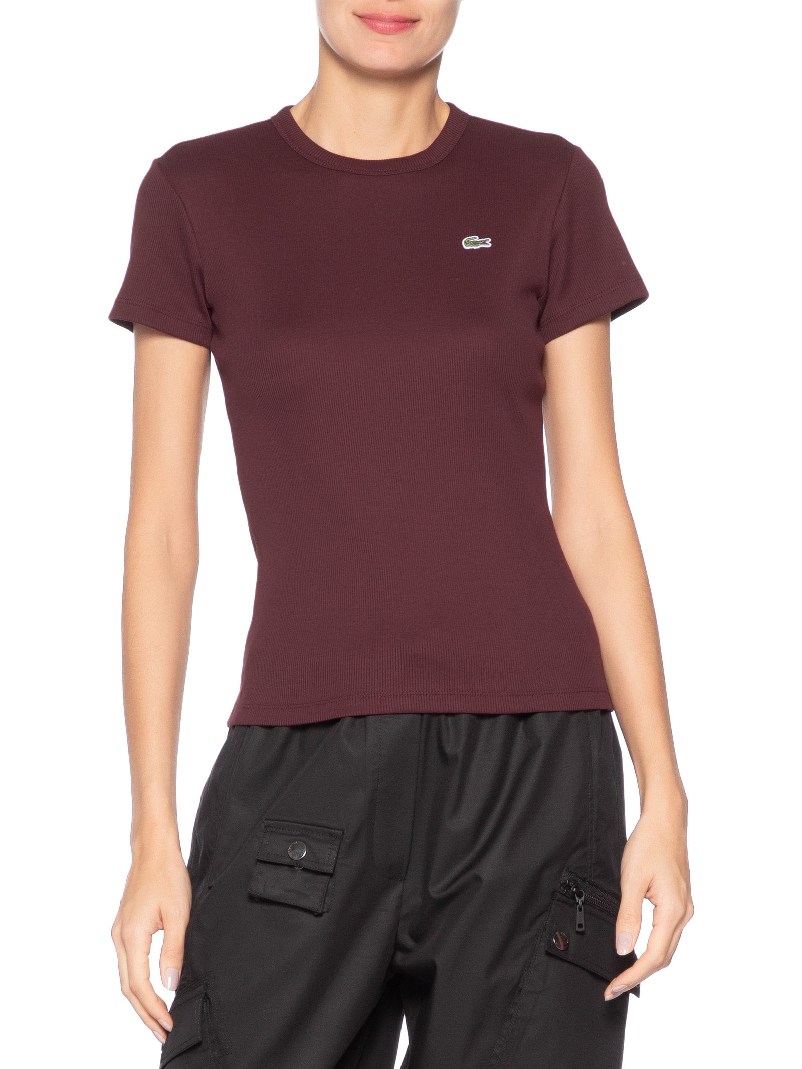 Camiseta Feminina De Algodão Canelada Marrom Lacoste