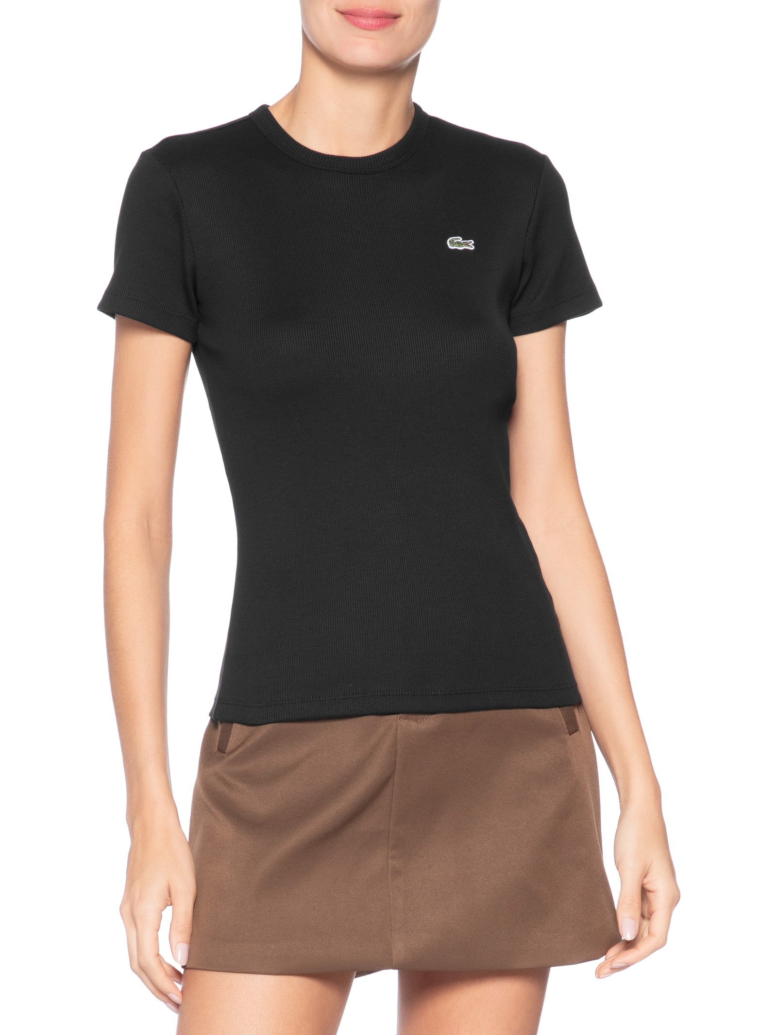 Camiseta Feminina De Algodão Canelada Preto Lacoste