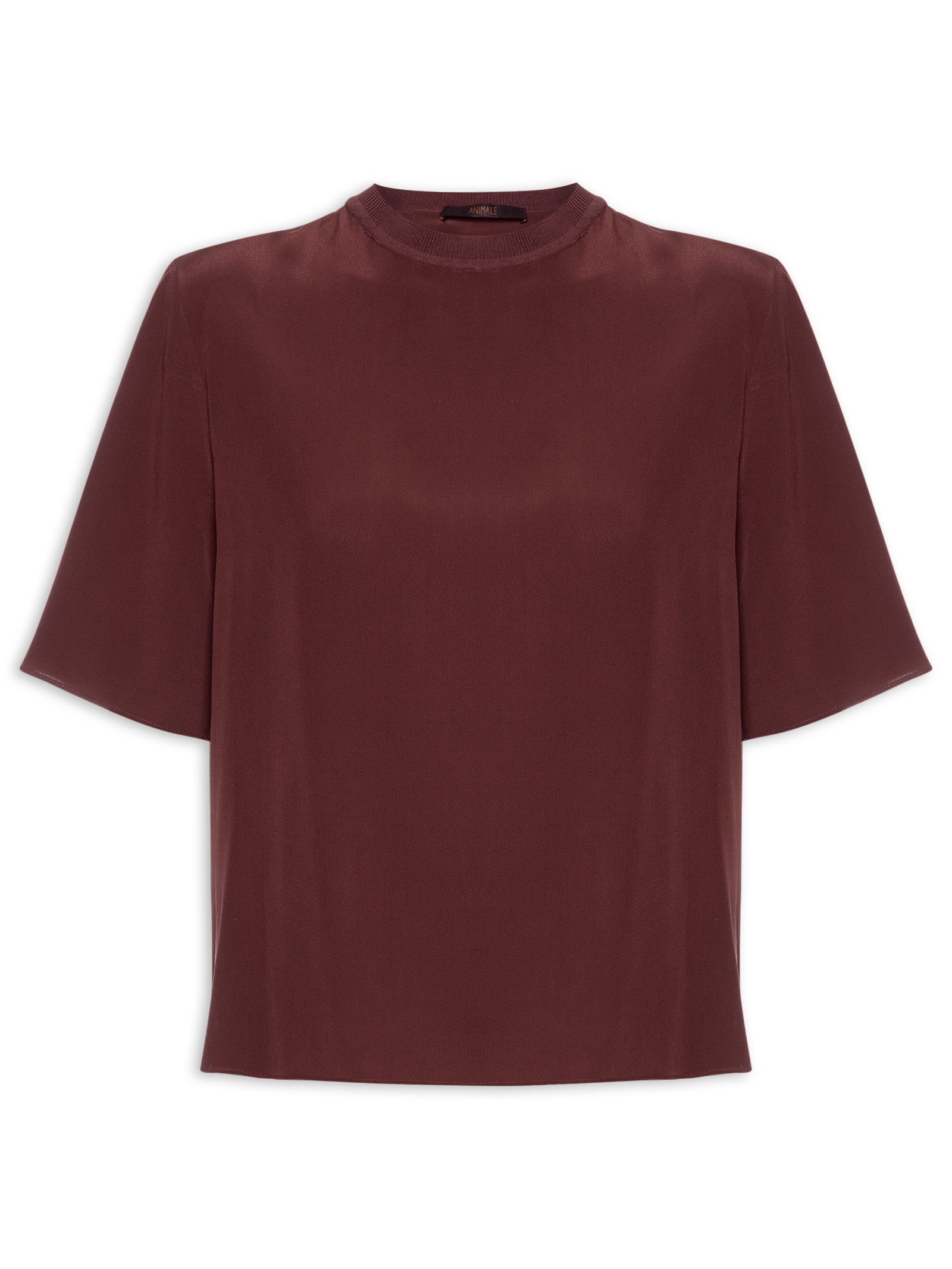 Camiseta Feminina De Seda Boho Gola Rib Marrom Animale