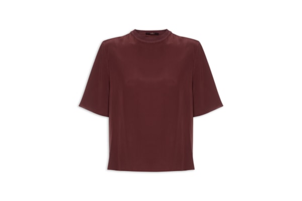 Camiseta Feminina De Seda Boho Gola Rib - Marrom