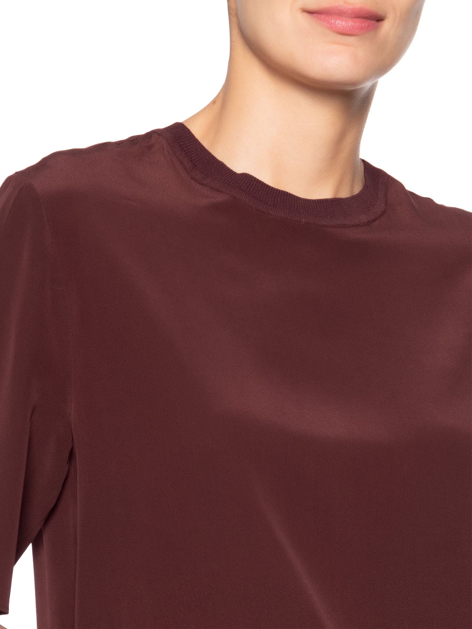 Camiseta Feminina De Seda Boho Gola Rib Marrom Animale