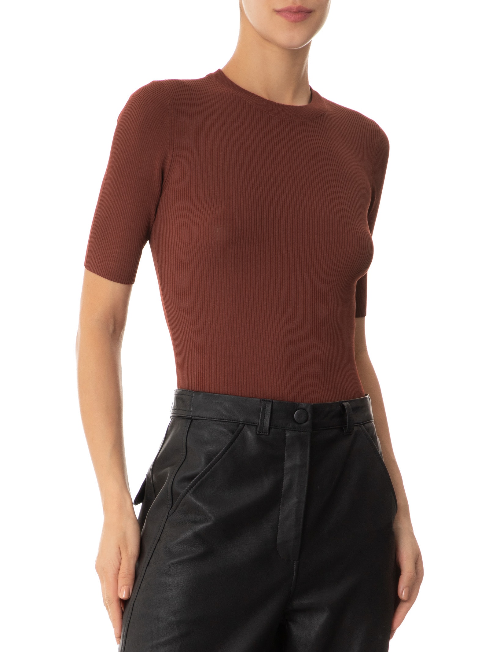 Camiseta Feminina De Tricot Canelado Básica Marrom Animale