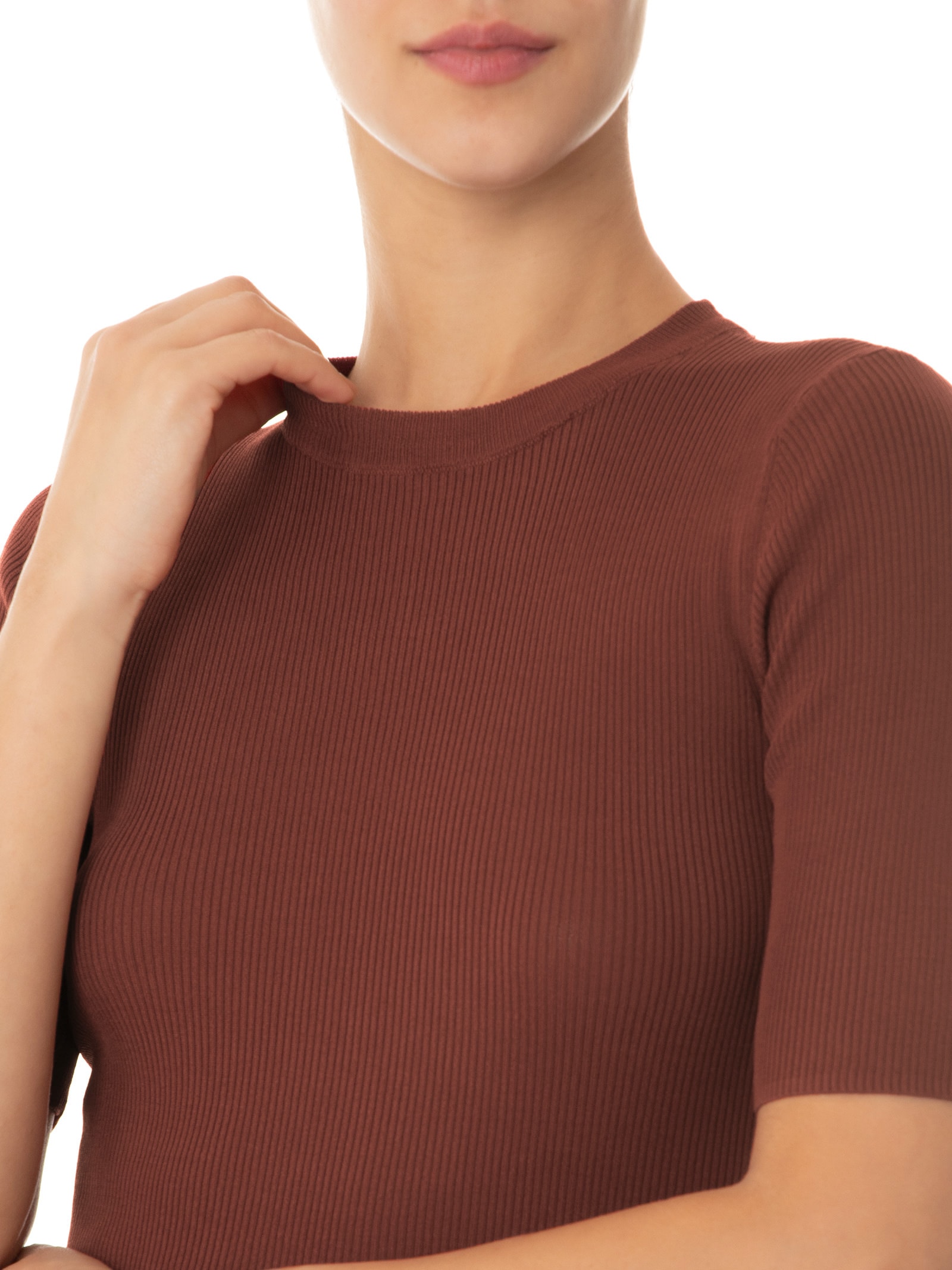 Camiseta Feminina De Tricot Canelado Básica Marrom Animale